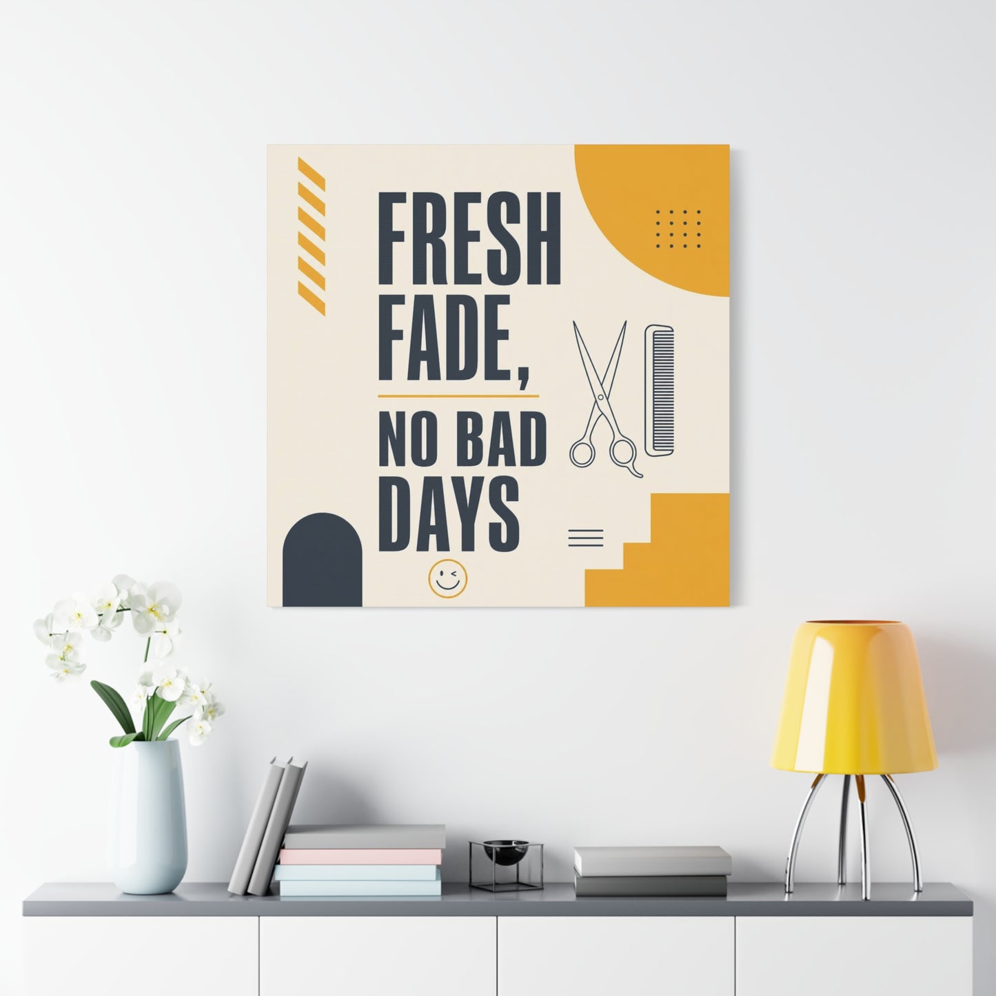 "Fresh Fade, No Bad Days" Barber Shop Canvas Wall Art - Scissors And Comb Typography Print - Modern Yellow Black Salon Decor - Workspace Wall Decor, Lobby Wall Art Accent - Gallery Wrapped Canvas