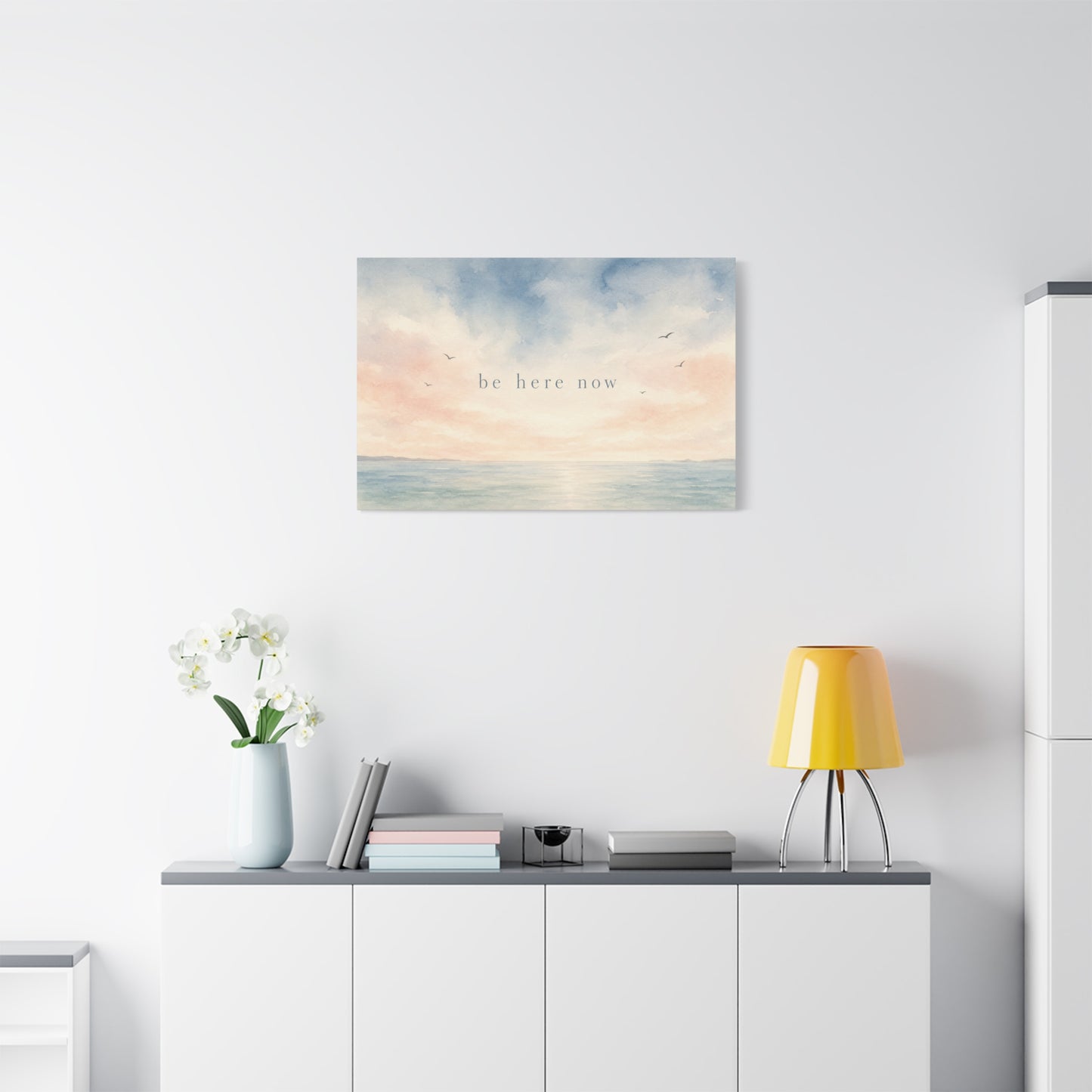 "Be Here Now" Coastal Canvas Wall Art - Pastel Ocean Seascape With Birds - Minimalist Inspirational Wall Decor - Serene Bedroom Home Decoration - Meditation Space Office Art - Bedroom Home Decoration