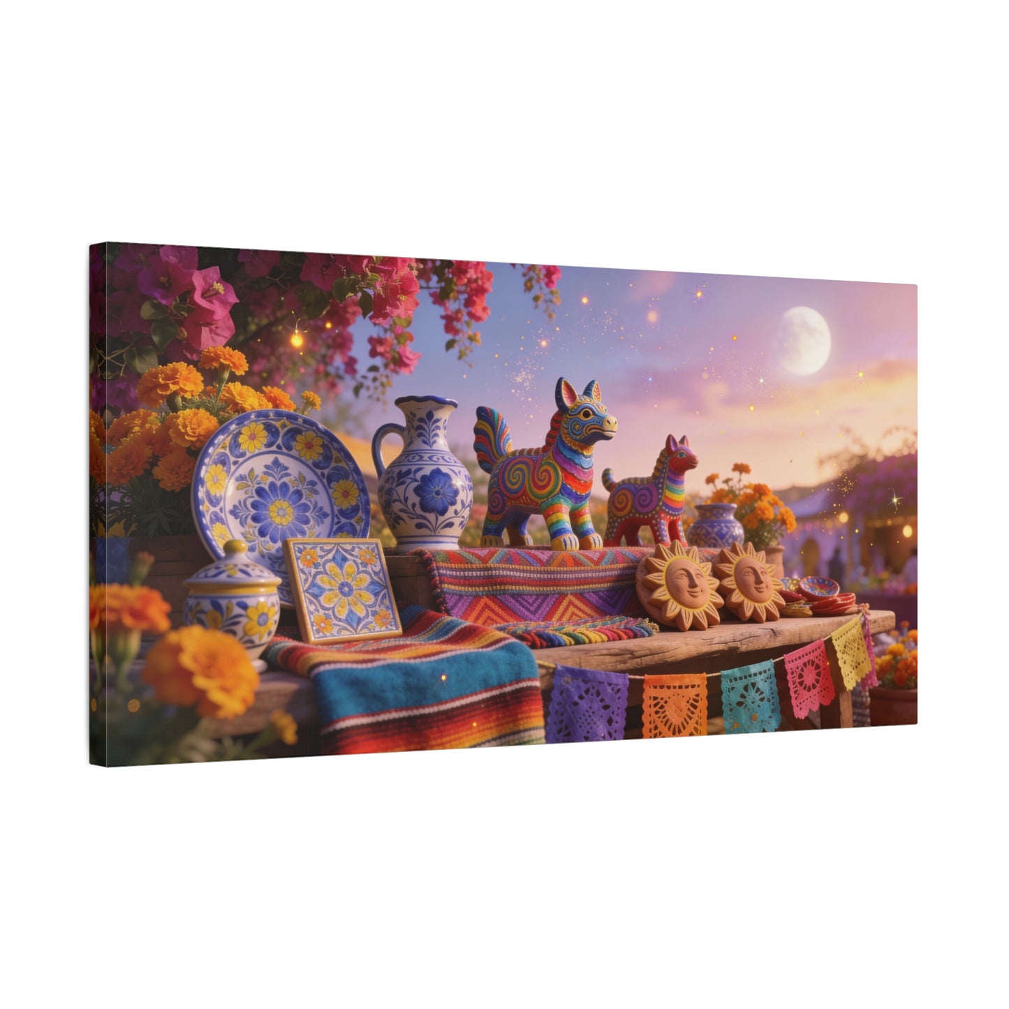 Talavera Pottery Folk Art Canvas Wall Art - Colorful Mexican Table Still Life, Moonlit Fiesta Decor - Matte Cotton Print - Bohemian Living Room Wall Decor, Dining Room Accent - Bedroom Home Decoration