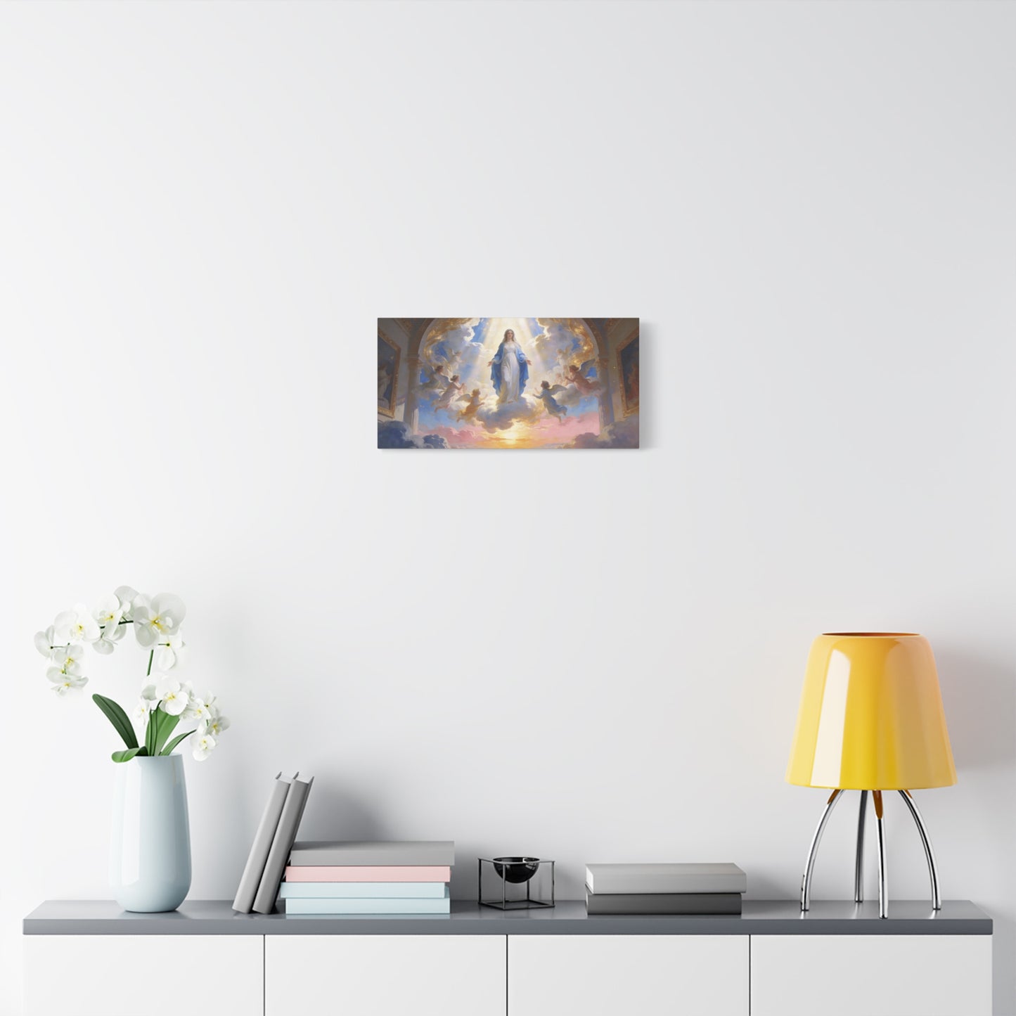 Virgin Mary Canvas Wall Art - Heavenly Religious Painting With Angels, Blue And Gold Clouds - Matte Cotton Canvas Print - Traditional Sacred Style For Bedroom Living Room Decor - Office Wall Art