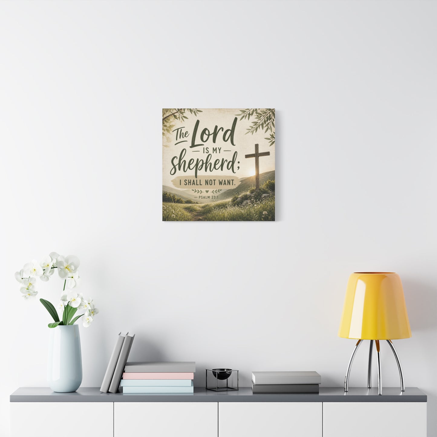 "The Lord Is My Shepherd, I Shall Not Want. - Psalm 23:1" Christian Canvas Wall Art - Rustic Cross Meadow Landscape, Farmhouse Scripture Decor, Bedroom Living Room Wall Hanging - Ready to Hang
