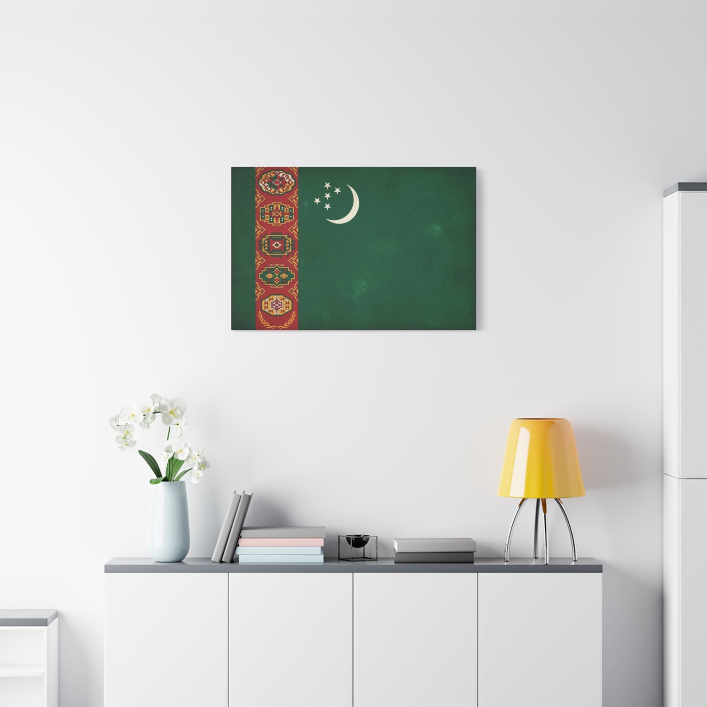 Turkmenistan Flag Canvas Wall Art - Vintage Nation Banner Print, Green Crescent Stars, Heritage Decor - Traditional Style - Living Room Wall Decor, Bedroom Home Decoration - Bedroom Home Decoration