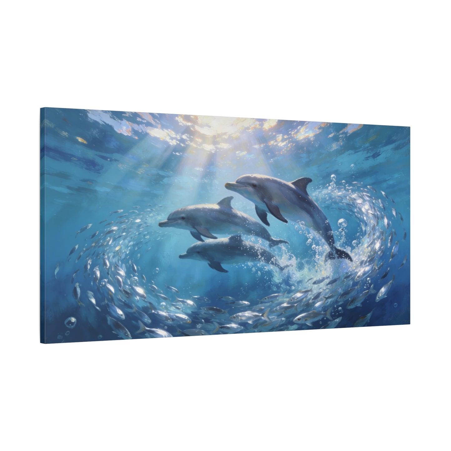 Dolphin Ocean Canvas Wall Art - Blue Underwater Marine Life Scene, Sunbeam Seascape Print - Coastal Style, Serene Living Room Wall Decor, Bedroom Home Decoration Accent - Bedroom Home Decoration