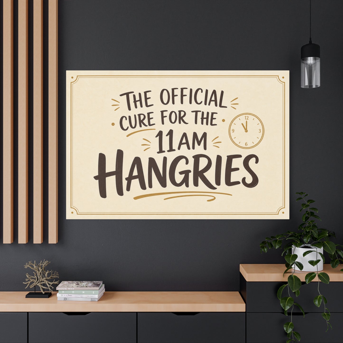 "The Official Cure For The 11 Am Hangries" Funny Typography Canvas Wall Art - Beige Black Quote Print, Modern Office Decor, Kitchen Wall Hanging - Bedroom Home Decoration - Bedroom Home Decoration