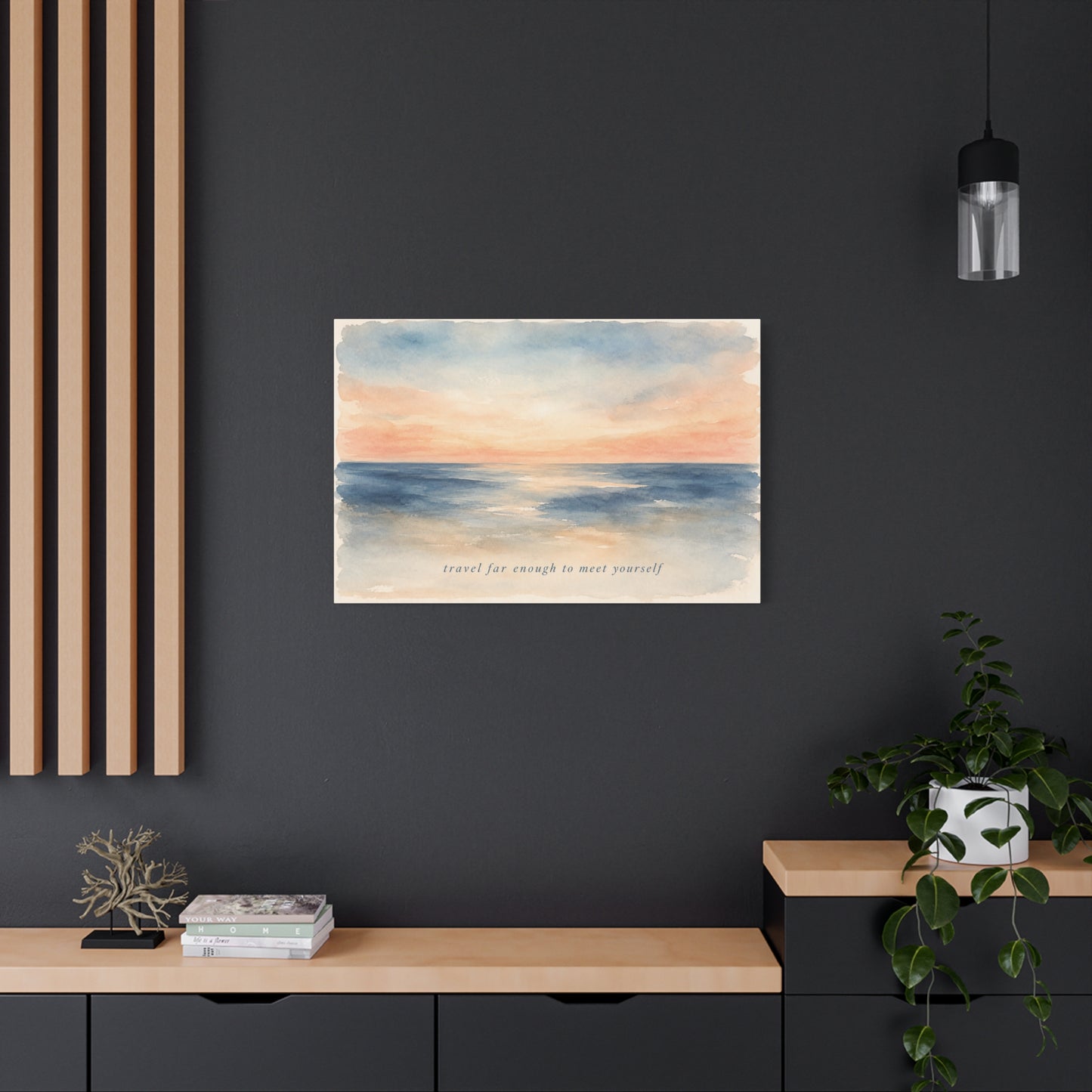 "Travel Far Enough To Meet Yourself" Coastal Canvas Wall Art - Watercolor Ocean Sunset Quote Print - Serene Beach Seascape Decor - Bedroom Living Room Wall Decor - Bedroom Home Decoration