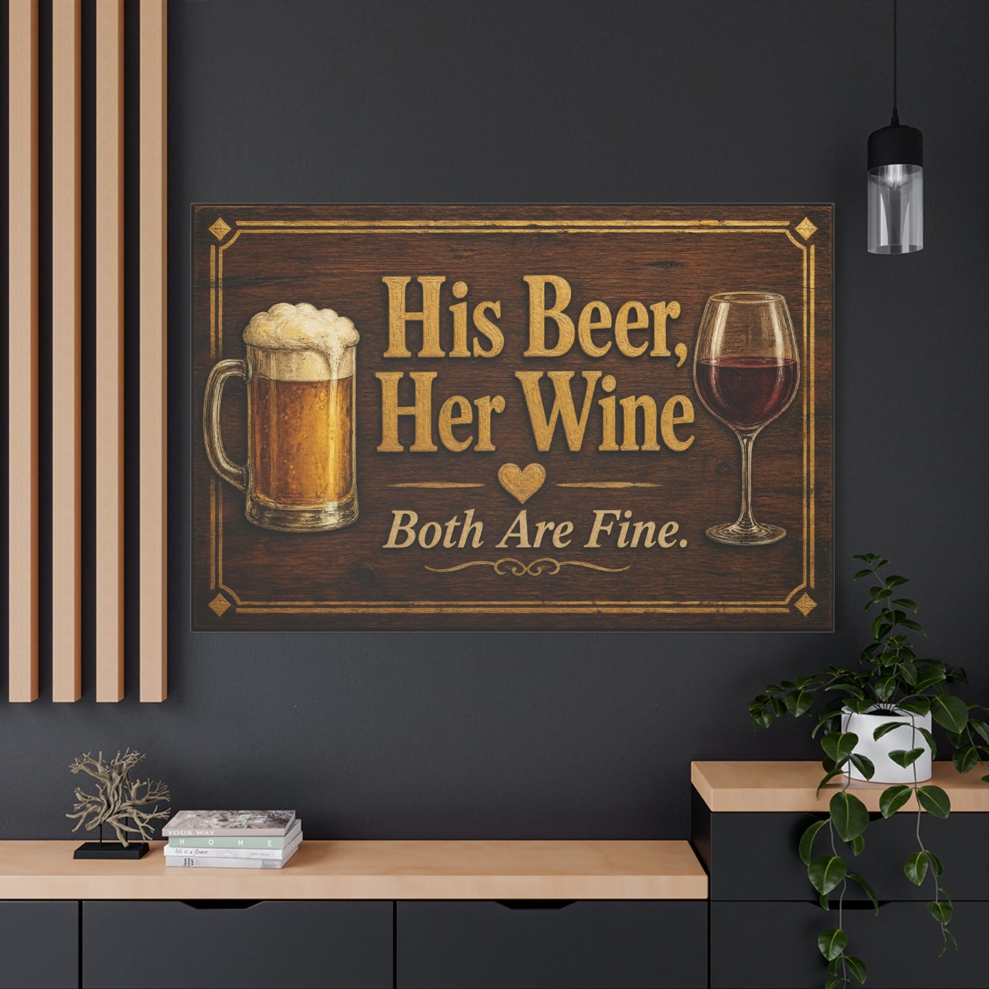 "His Beer, Her Wine Both Are Fine." Canvas Wall Art - Rustic Bar Sign, Beer Mug And Red Wine Glass Quote Print - Vintage Brown Wood Look Typography - Pub Wall Art - Cocktail Lounge Decor