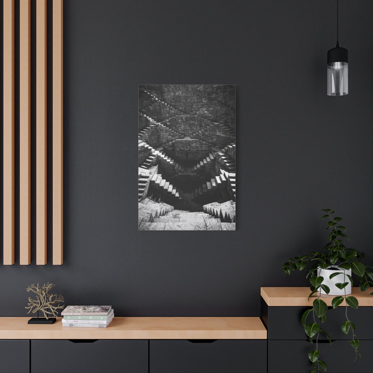 Black And White Stepwell Canvas Wall Art - Architectural Staircase Art Print, Moody Monochrome Stone Geometry - Contemporary Wall Decor For Living Room, Office, Entryway - Ready to Hang