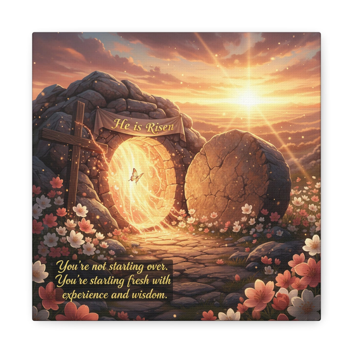 "He Is Risen" Christian Canvas Wall Art - Empty Tomb Cross Sunrise Scripture Print - Floral Faith Home Decoration - Modern Farmhouse Style