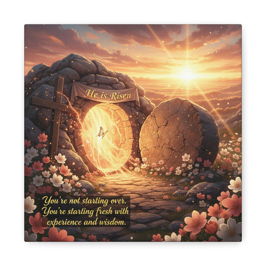 "He Is Risen" Christian Canvas Wall Art - Empty Tomb Cross Sunrise Scripture Print - Floral Faith Home Decoration - Modern Farmhouse Style
