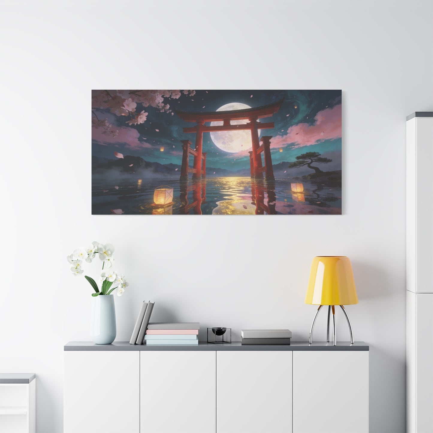 Japanese Torii Gate Canvas Wall Art - Moonlit Lake, Cherry Blossom Petals - Contemporary Fantasy Landscape - Living Room Wall Decor, Bedroom Home Decoration, Meditation Space - Bedroom Home Decoration