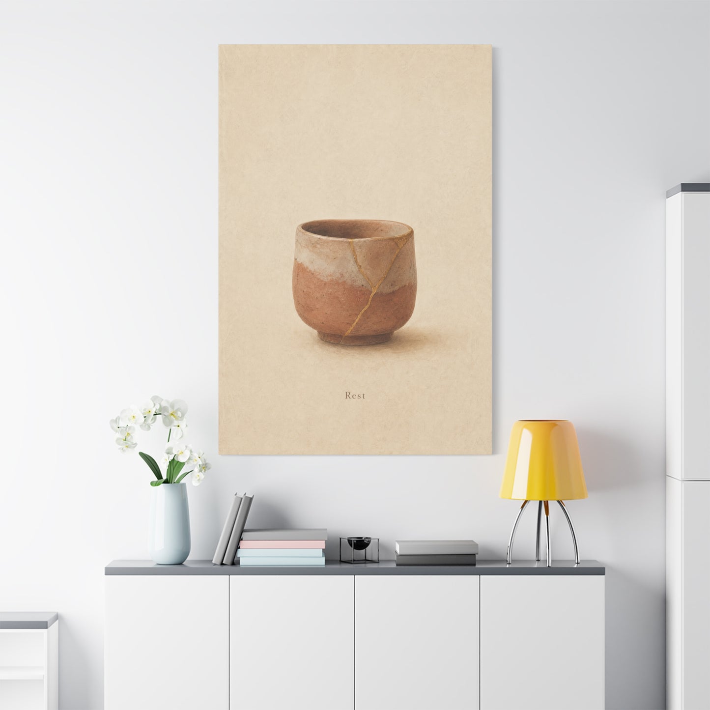 "Rest" Kintsugi Pot Canvas Wall Art - Minimalist Still Life Ceramic Vessel Print - Neutral Beige Brown Japanese Inspired Decor - Bedroom Meditation Space Living Room Home Accent - Office Wall Art