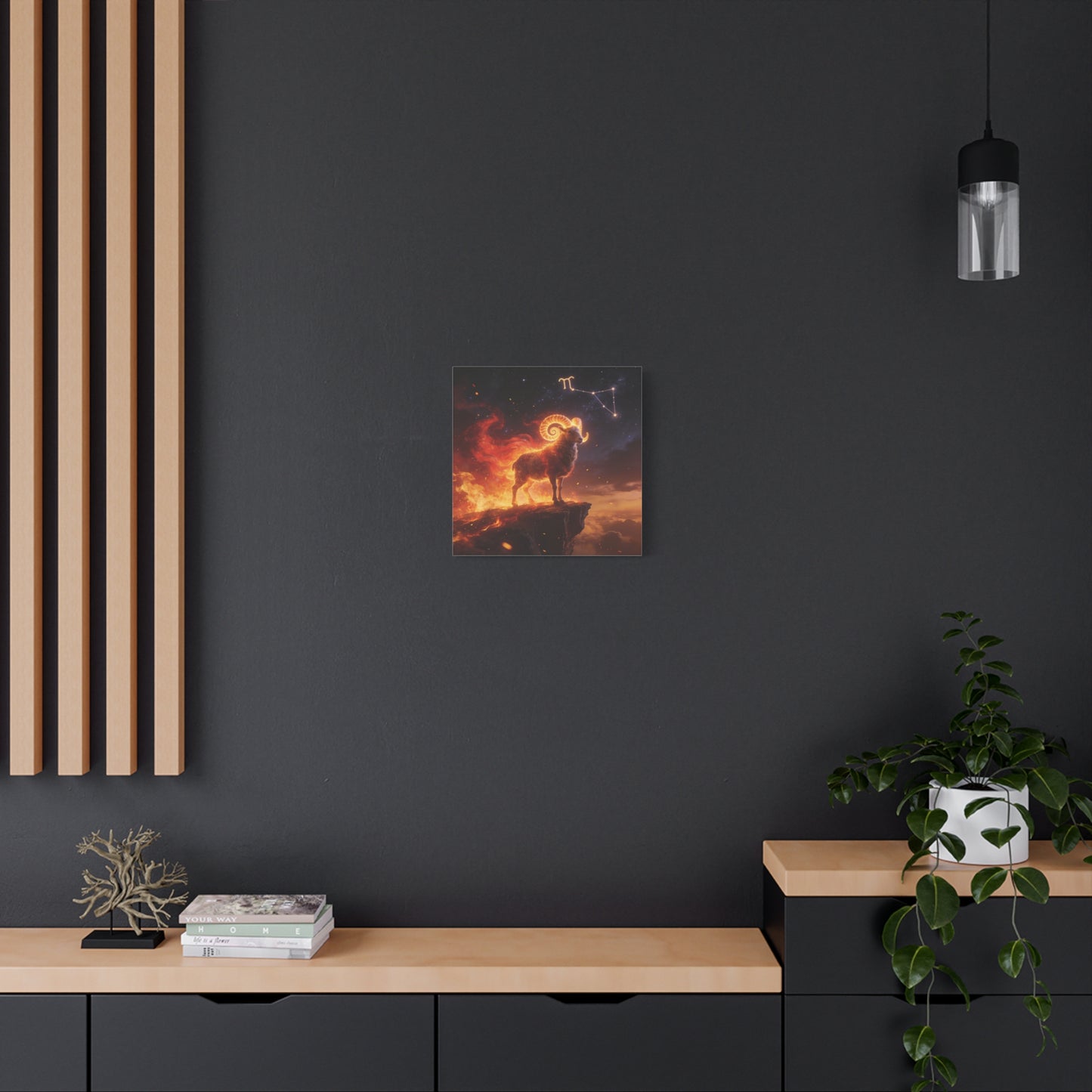 Aries Ram Canvas Wall Art - Fiery Zodiac Constellation Celestial Animal Print - Glowing Horns, Cosmic Night Sky - Contemporary Fantasy Style - Bedroom Home Decoration Office Wall Art - Ready to Hang