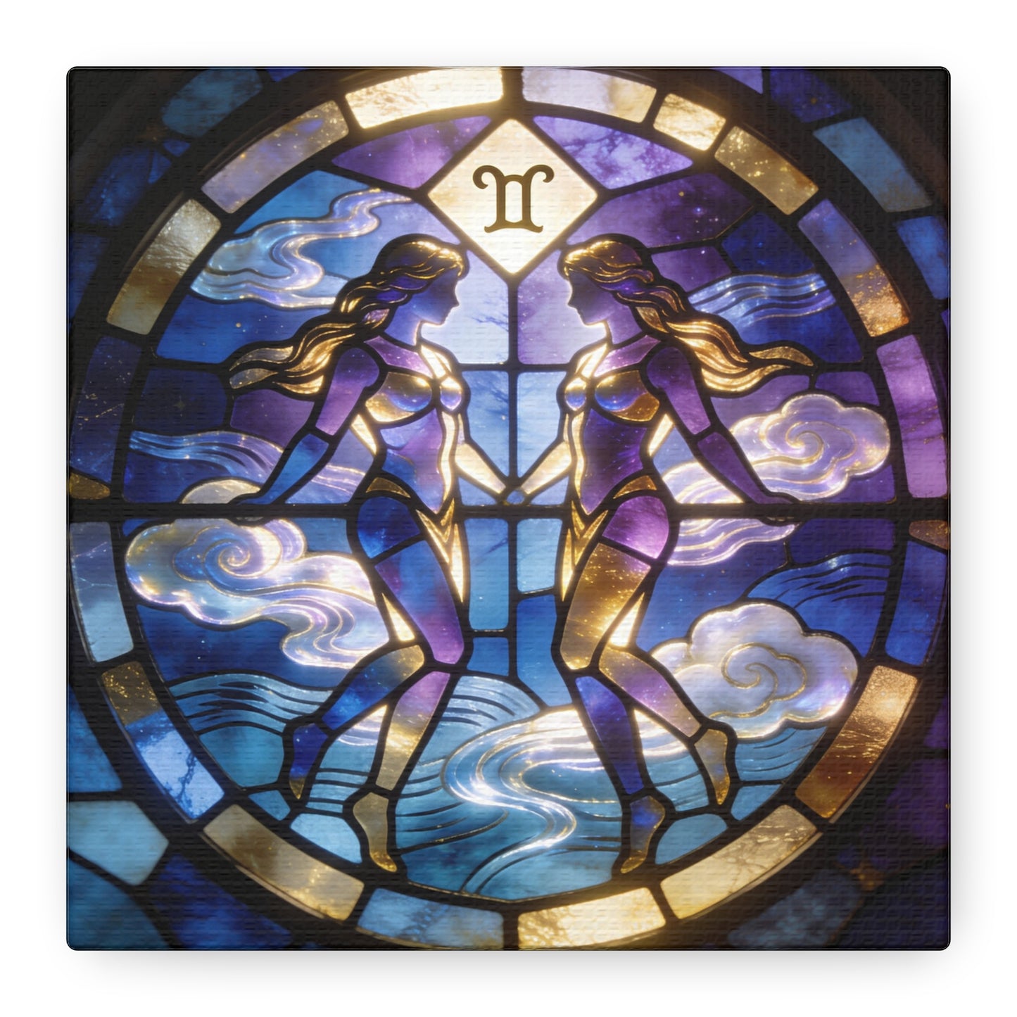 Gemini Zodiac Canvas Wall Art - Stained Glass Twin Women Celestial Print, Blue Purple Gold Astrology Decor - Modern Mystical Artwork - Bedroom Home Decoration Office Wall Art - Bedroom Home Decoration