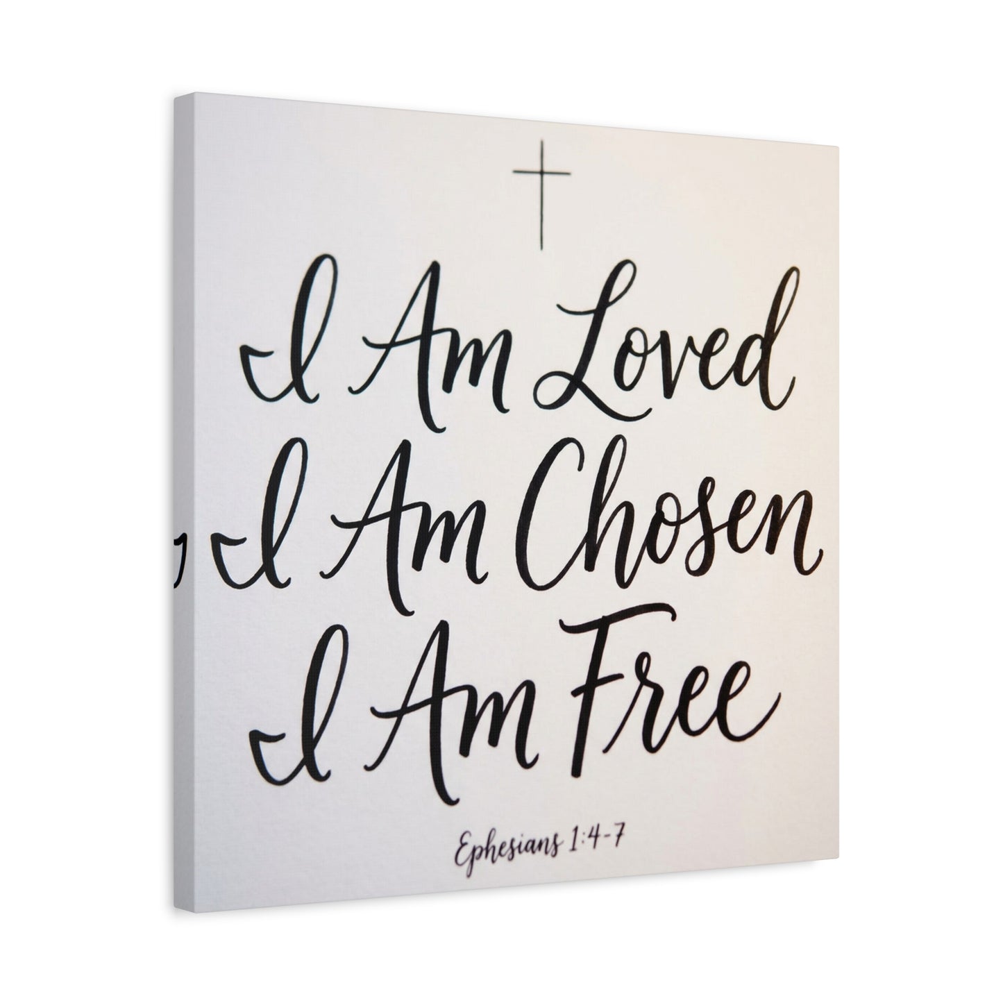 "I Am Loved, Chosen, Free" Christian Canvas Wall Art - Ephesians 1:4-7 Scripture Cross Print - Neutral Typography Decor - Bedroom Home Decoration, Living Room Wall Decor - Ready to Hang