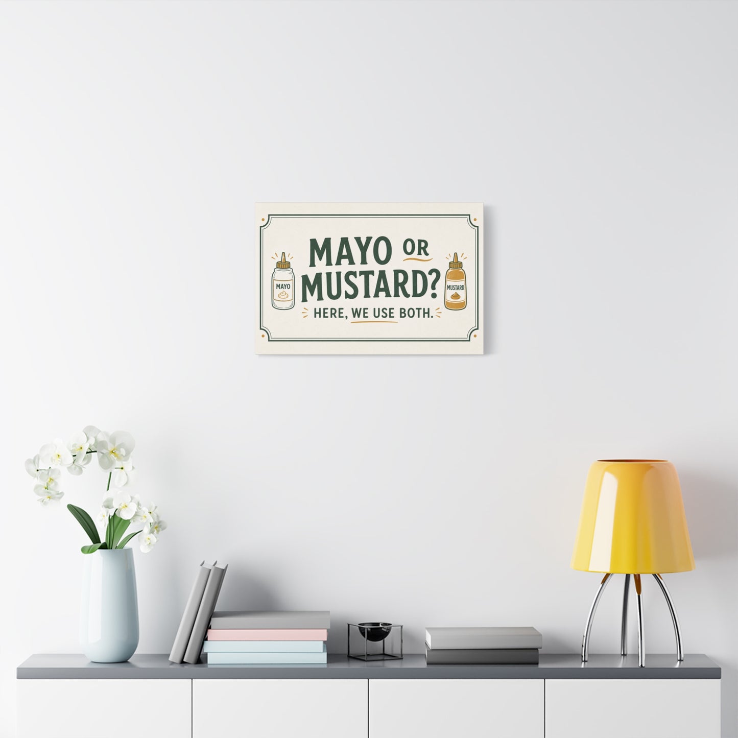"Mayo Or Mustard Here, We Use Both." Funny Kitchen Canvas Wall Art - Condiment Quote Print, Retro Typography Food Decor, Farmhouse Dining Room Decoration - Living Room Wall Decor - Ready to Hang