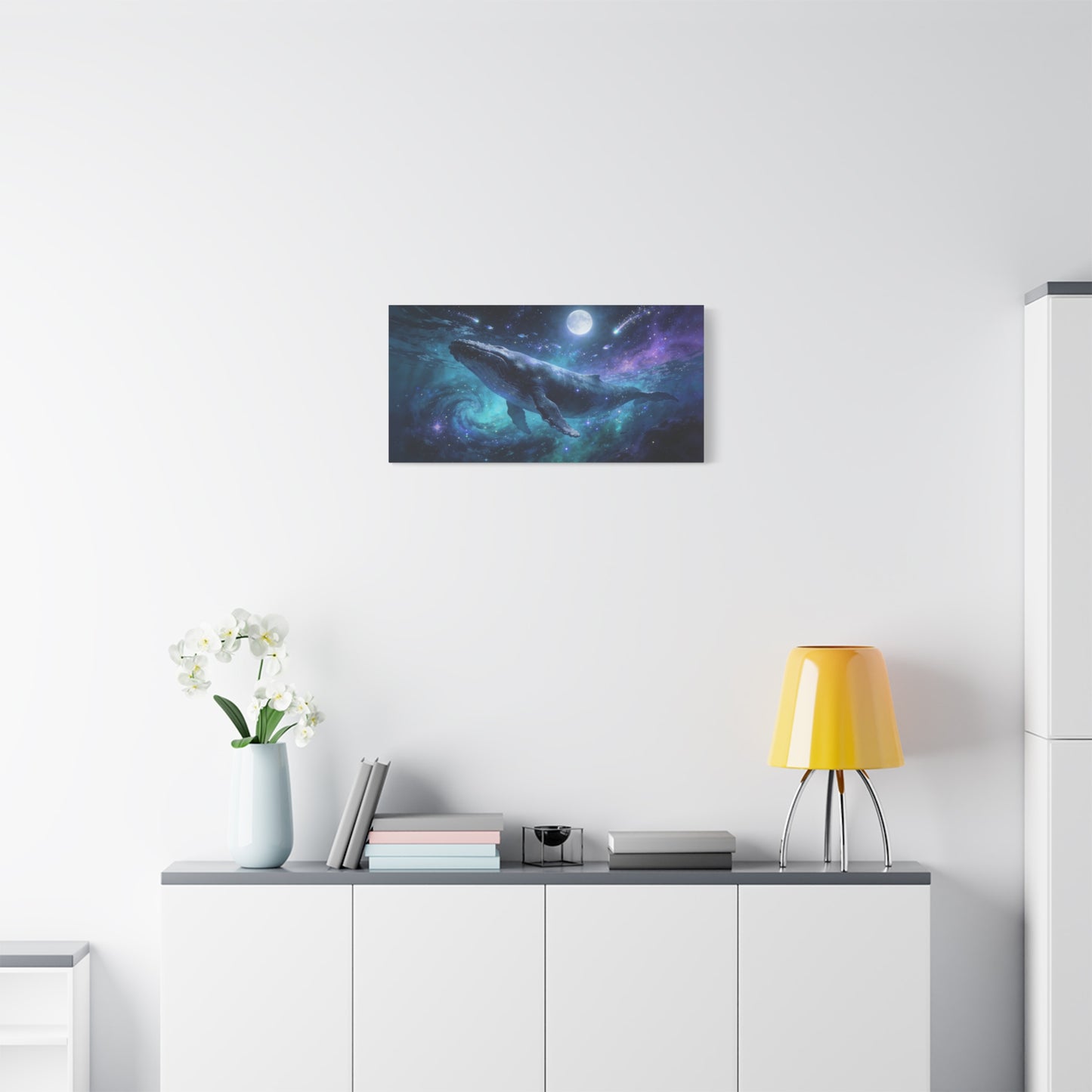 Humpback Whale Canvas Wall Art - Celestial Ocean Galaxy Painting, Moonlit Space Seascape Print - Matte Cotton Canvas - Contemporary Fantasy Style - Living Room Wall Decor - Bedroom Home Decoration