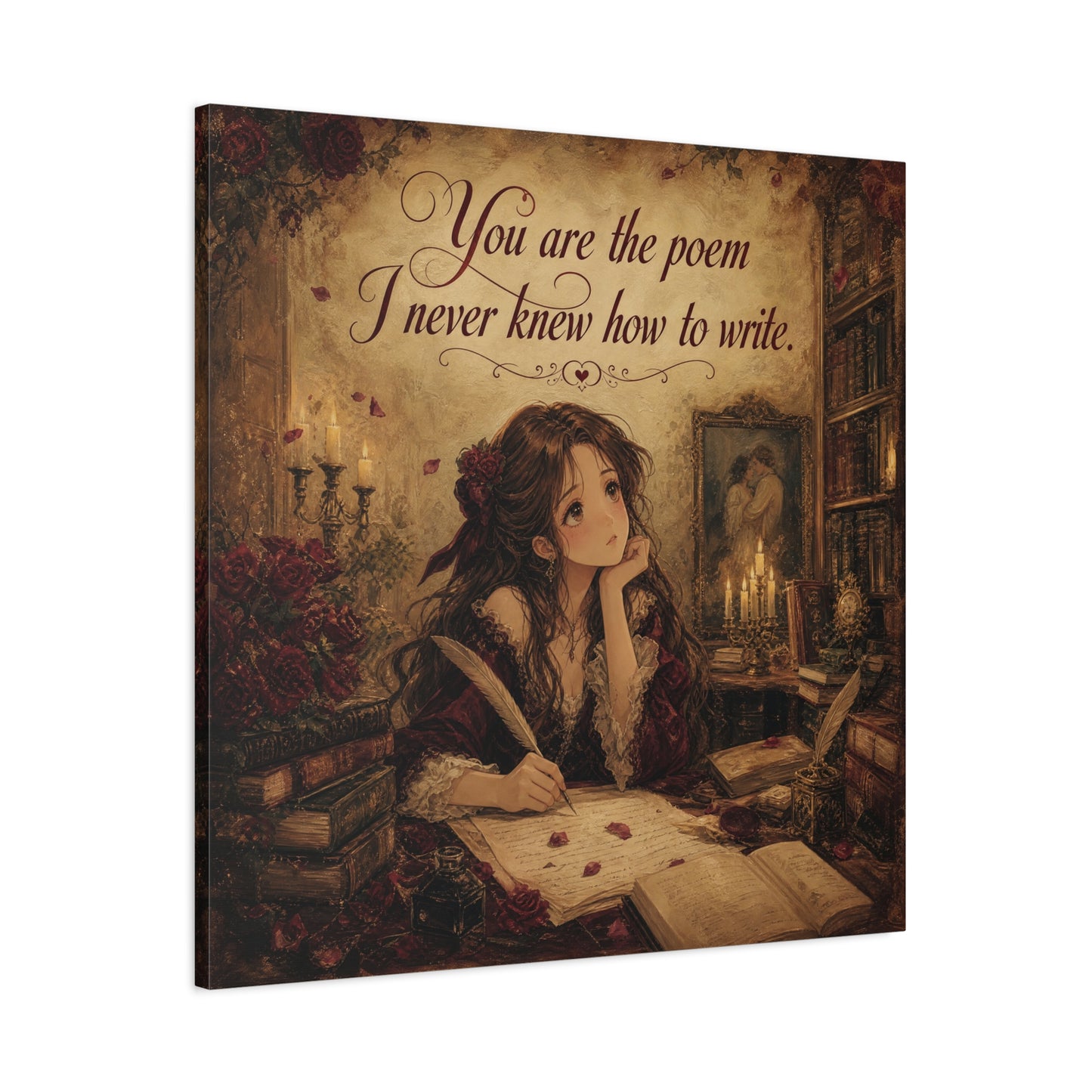 "You Are The Poem I Never Knew How To Write" Quote Canvas Wall Art - Romantic Gothic Library Girl Illustration - Vintage Brown Decor - Bedroom Wall Hanging, Teenager Room Decor - Ready to Hang