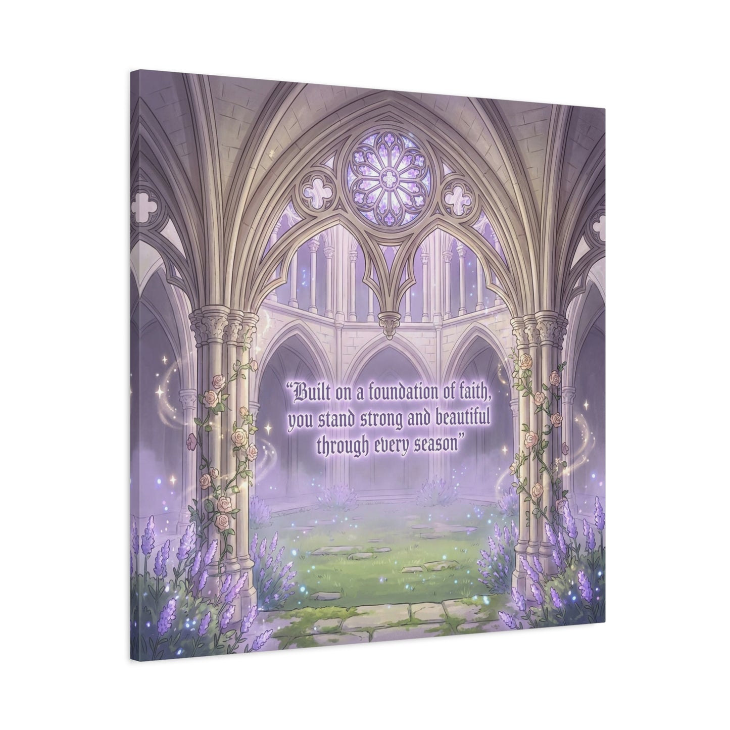 "Built On A Foundation Of Faith, You Stand Strong And Beautiful Through Every Season" Canvas Wall Art - Gothic Cathedral Arch Quote Print - Lavender Floral Decor For Bedroom Living Room