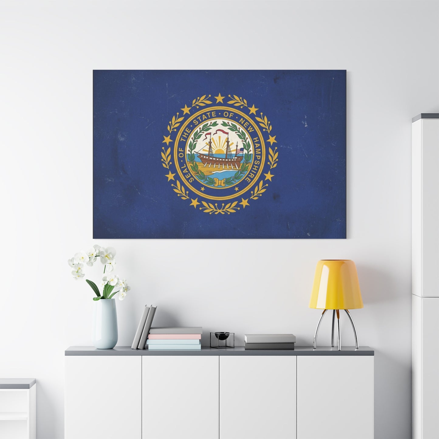 "Seal Of The State Of New Hampshire" Flag Canvas Wall Art - Vintage State Pride Decor, Blue Gold Emblem Print - Rustic Americana Style - Living Room Decoration - Office Wall Art - Ready to Hang