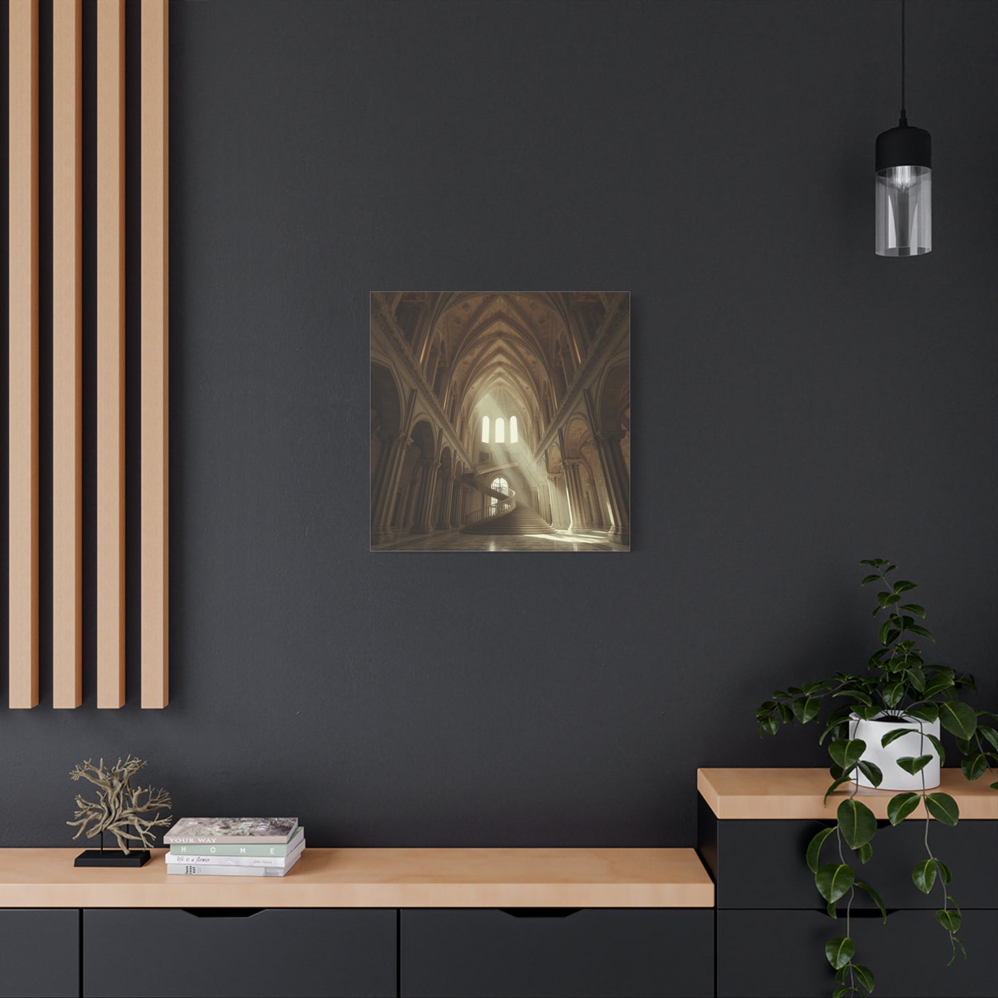 Gothic Cathedral Interior Canvas Wall Art - Sunlit Spiral Staircase, Religious Architecture Print - Matte Cotton Canvas - Traditional Style - Living Room Wall Decor, Office Art - Ready to Hang