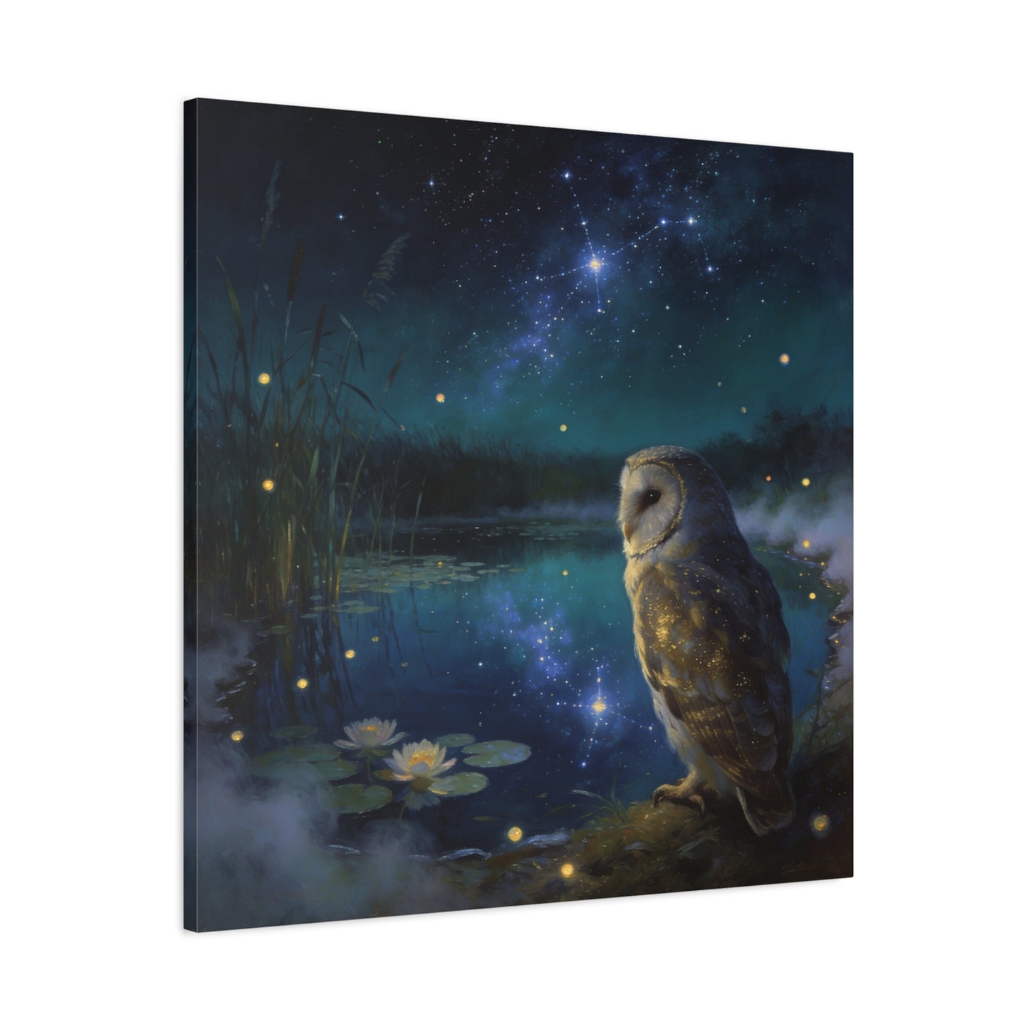 Barn Owl Canvas Wall Art - Moonlit Pond, Fireflies, Water Lilies, Starry Night Sky - Dreamy Wildlife Painting - Matte Finish Canvas Print - Bedroom Wall Decor, Nursery Accent - Bedroom Home Decoration