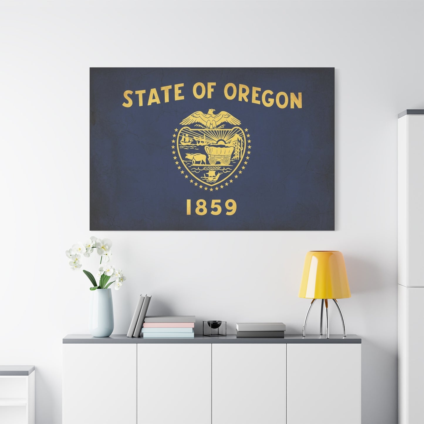"State Of Oregon 1859" Flag Canvas Wall Art - Vintage State Seal Navy Gold Print - Typography Patriotic Decor - Living Room Wall Decor, Office Art - Bedroom Home Decoration - Bedroom Home Decoration