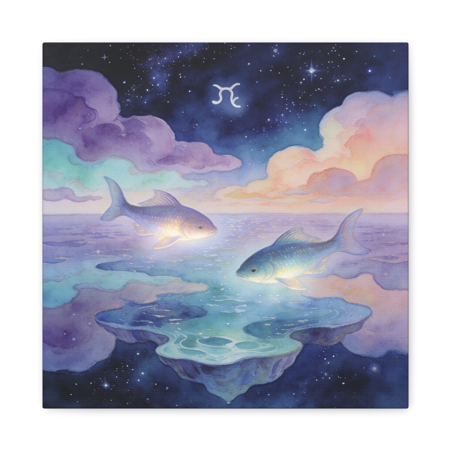 Pisces Zodiac Canvas Wall Art - Celestial Fish Over Dreamlike Sea, Watercolor Illustration - Mystical Night Sky, Matte Canvas Print - Bedroom Wall Decor, Meditation Space Accent - Ready to Hang