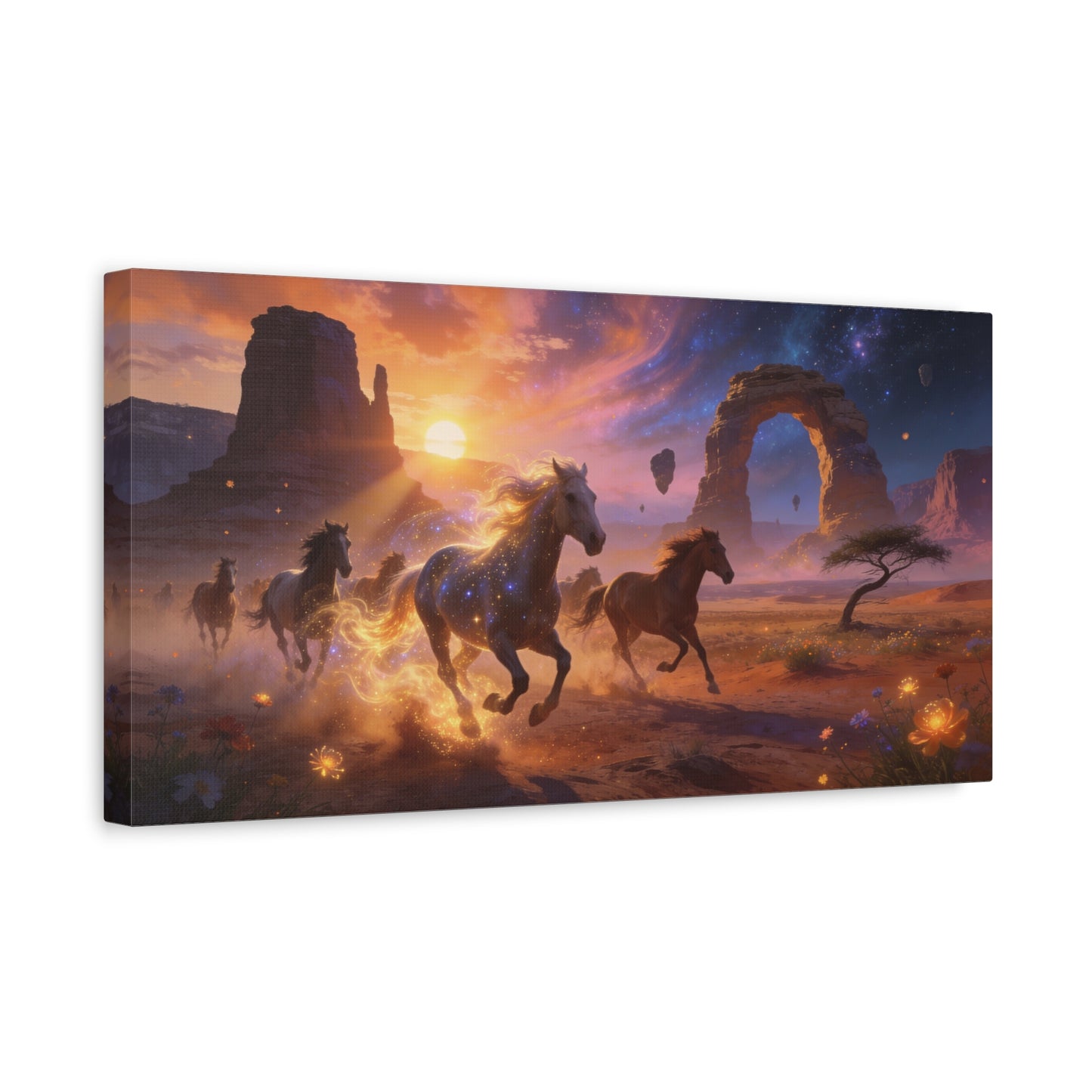 Celestial Wild Horses Canvas Wall Art - Fantasy Desert Arch Sunset, Glowing Galaxy Sky - Matte Cotton Print - Contemporary Landscape Style - Living Room Wall Decor - Bedroom Home Decoration