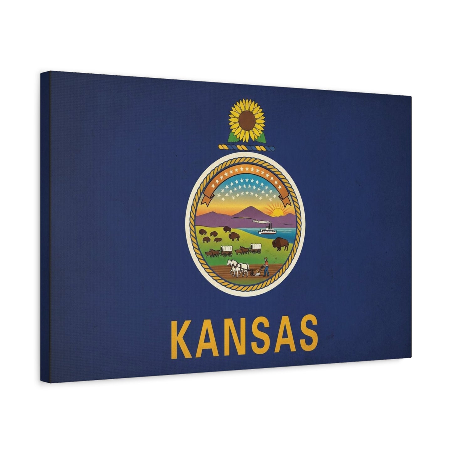 Kansas State Flag Canvas Wall Art - Sunflower Seal Prairie Buffalo Wagon Sunset Print - Vintage Blue Typography Decor - Living Room Wall Decor, Office Art, Dorm Accent - Bedroom Home Decoration