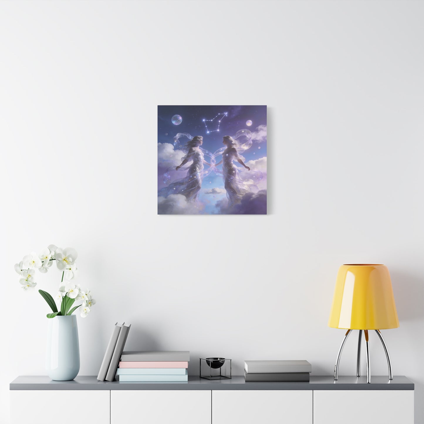 Gemini Zodiac Canvas Wall Art - Celestial Twin Women Under Constellation, Dreamy Fantasy Sky Scene - Matte Cotton Art Print - Bedroom Wall Decor, Meditation Space Accent - Bedroom Home Decoration