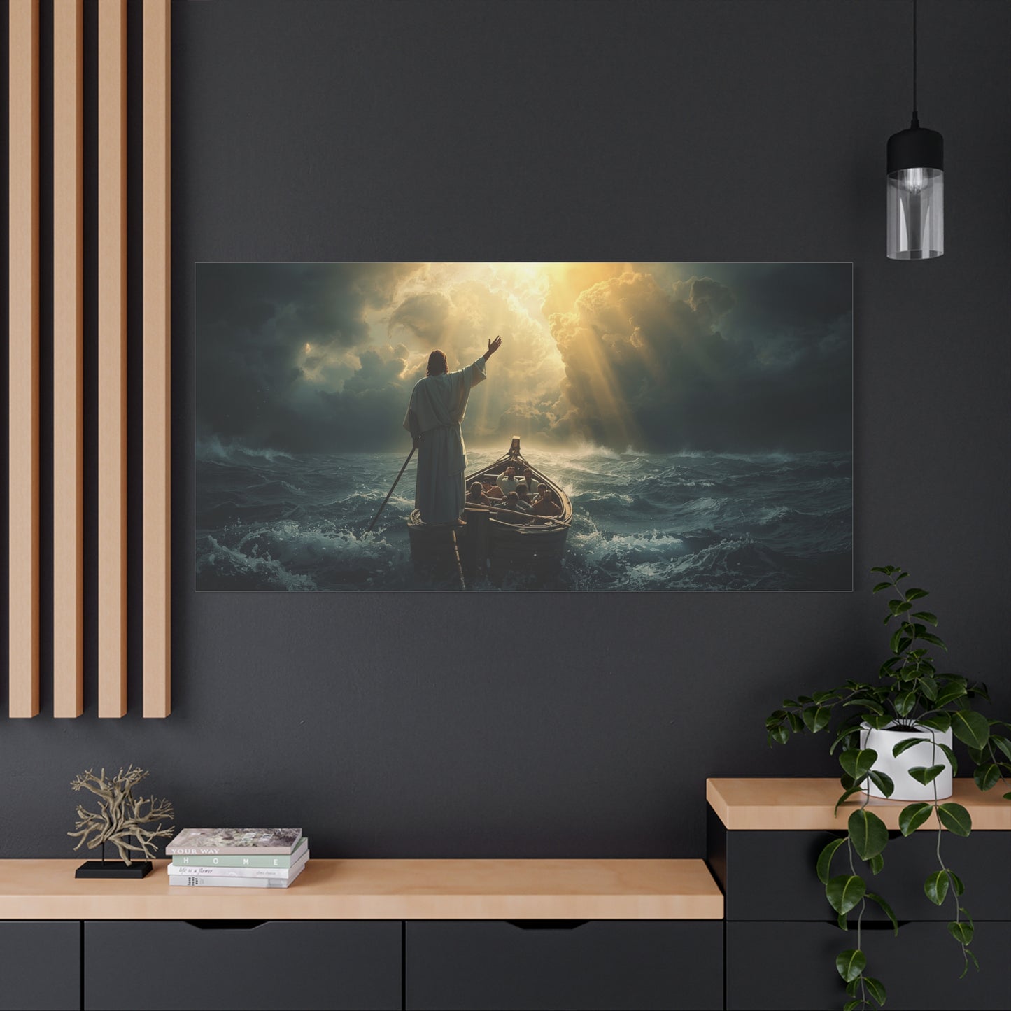 Jesus Calming The Storm Canvas Wall Art - Christian Ocean Boat Scene, Cotton Print - Dramatic Religious Seascape - Living Room Decor, Bedroom Home Decoration, Meditation Space - Living Room Wall Decor