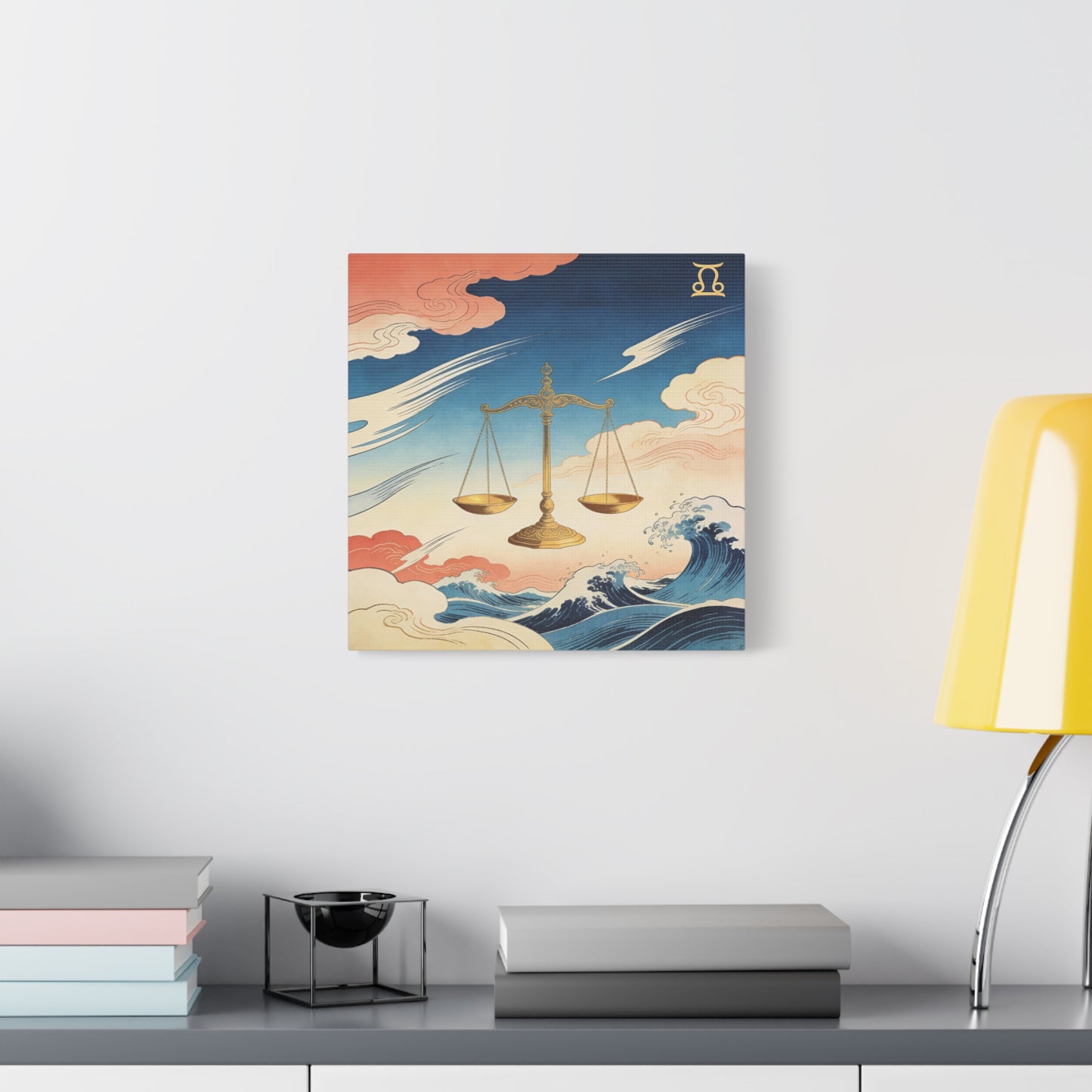 Libra Zodiac Canvas Wall Decor - Vintage Japanese Wave Scales Illustration - Celestial Astrology Print, Gold Balance Symbol, Traditional Style, Bedroom Home Decoration - Living Room Wall Decor