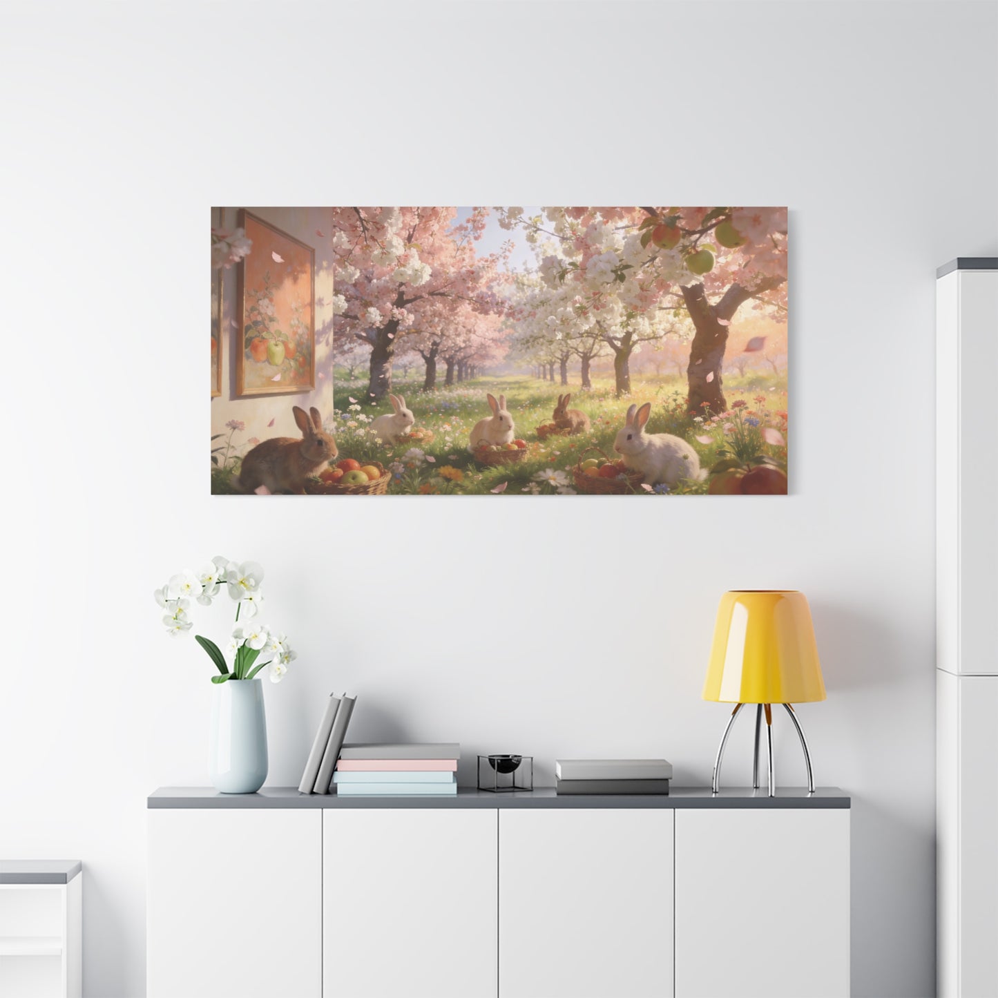 Cherry Blossom Rabbit Canvas Wall Art - Spring Orchard Bunnies, Apple Basket Meadow Scene - Matte Cotton Print, Pastel Floral Style - Bedroom Wall Decor, Nursery Home Decoration - Ready to Hang