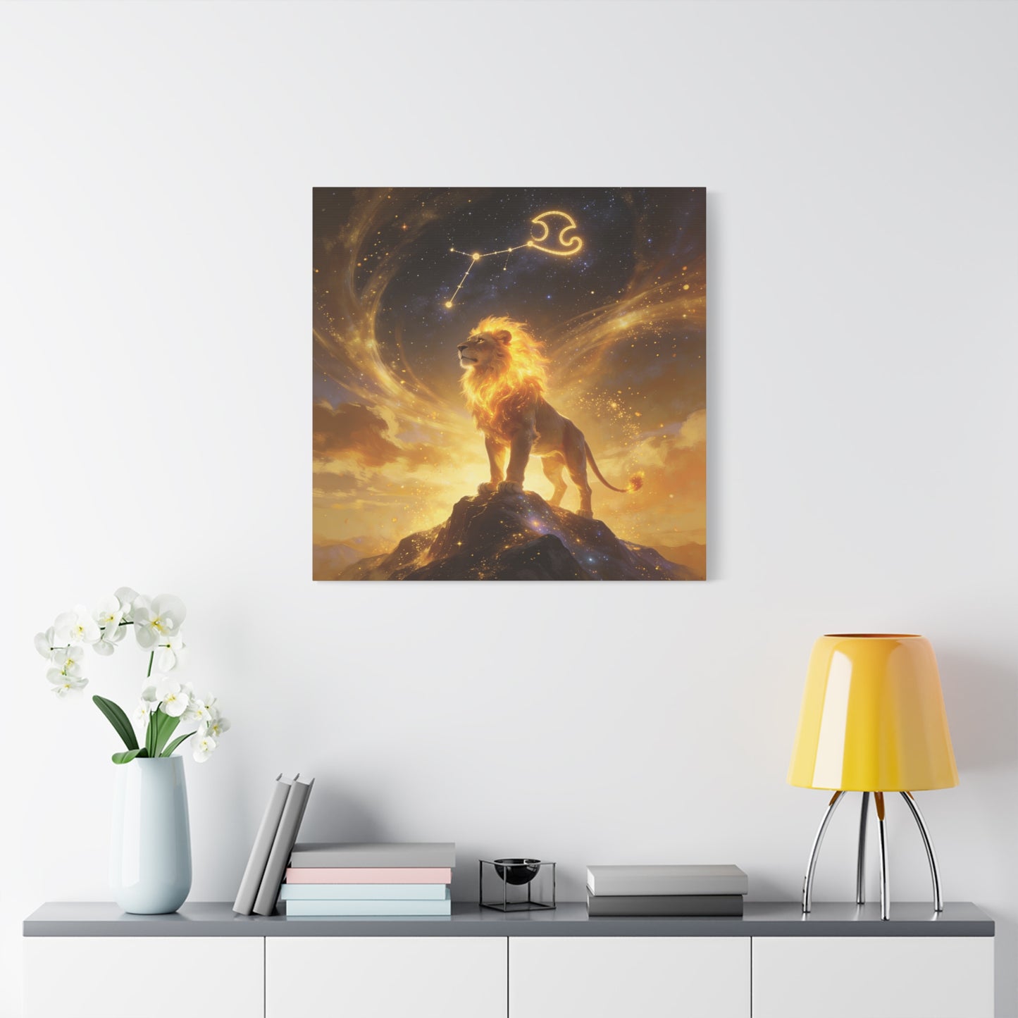 Leo Zodiac Lion Canvas Wall Art - Celestial Astrology Constellation Print, Glowing Gold Cosmic Sky - Fantasy Style, Living Room Wall Decor Bedroom Home Decoration Office Art - Bedroom Home Decoration