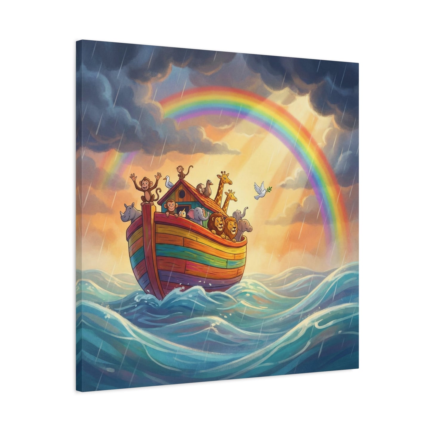 Noahs Ark Canvas Wall Art - Rainbow Animal Boat Nursery Decor - Cotton Canvas Print, Kids Bedroom Home Decoration, Playroom Wall Hanging, Biblical Story Illustration, Classroom Accent - Ready to Hang