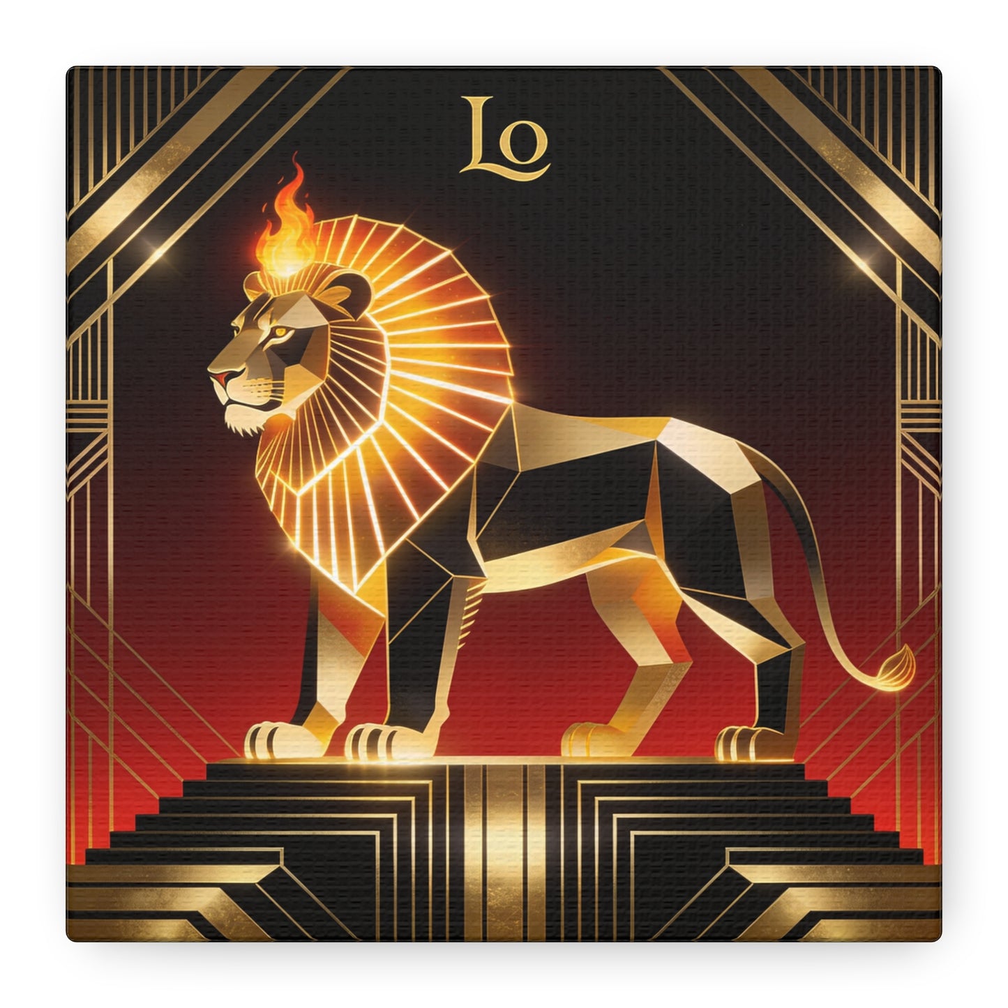 "Lo" Geometric Lion Canvas Wall Decor - Art Deco Gold Black Red Animal Print - Flaming Mane Illustration, Modern Luxe Interior Accent, Living Room Home Decoration - Living Room Wall Decor