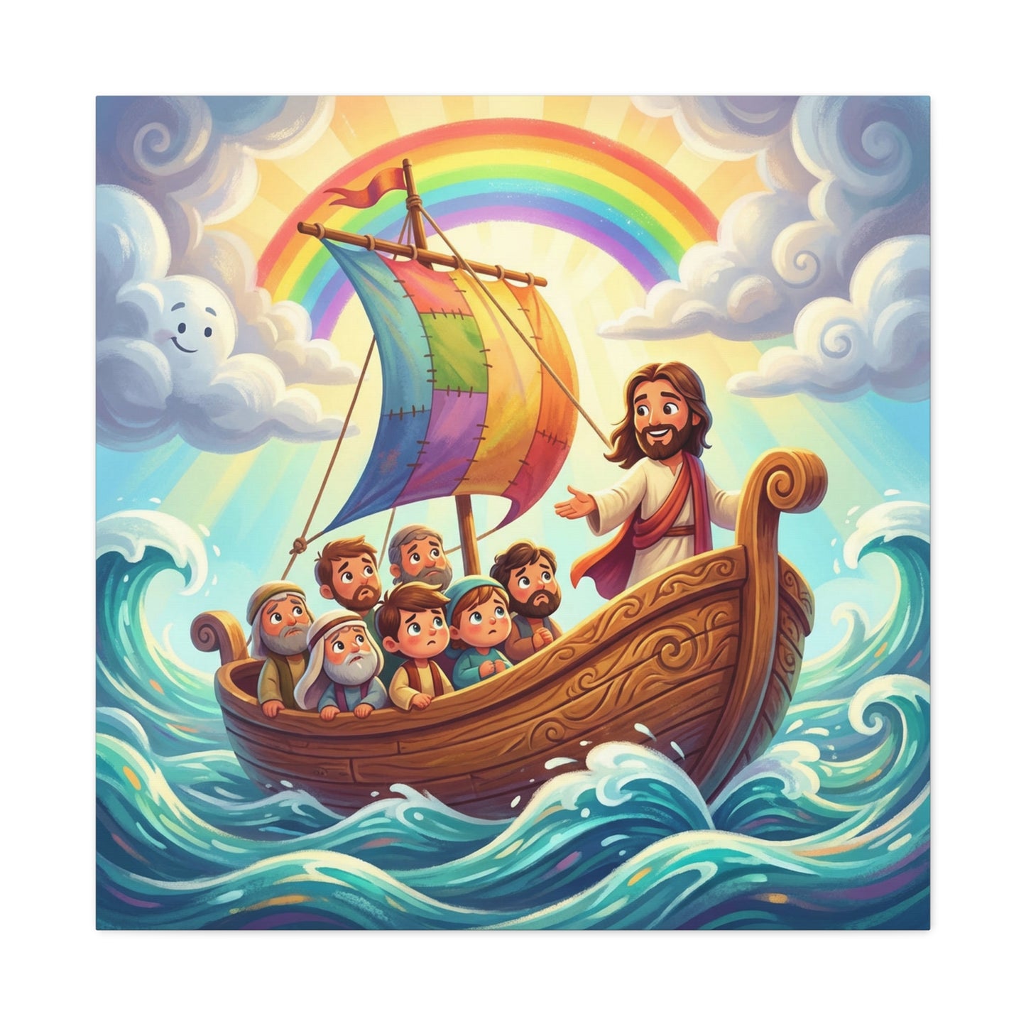 Jesus Boat Canvas Wall Art - Rainbow Sail, Disciples At Sea, Christian Nursery Decor - Matte Cotton Print - Whimsical Religious Style For Kids Bedroom Playroom Home Decoration - Living Room Wall Decor