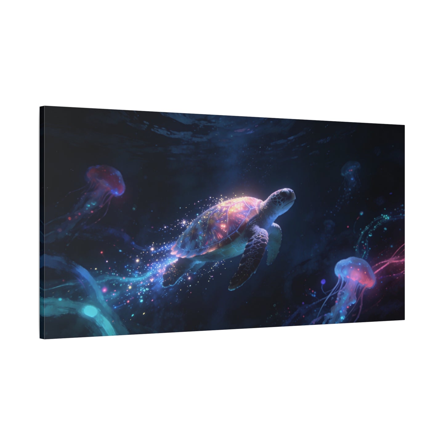 Sea Turtle Canvas Wall Art - Glowing Underwater Jellyfish Ocean Scene, Fantasy Marine Canvas Print - Contemporary Blue Seascape - Living Room Wall Decor, Bedroom Home Accent - Bedroom Home Decoration
