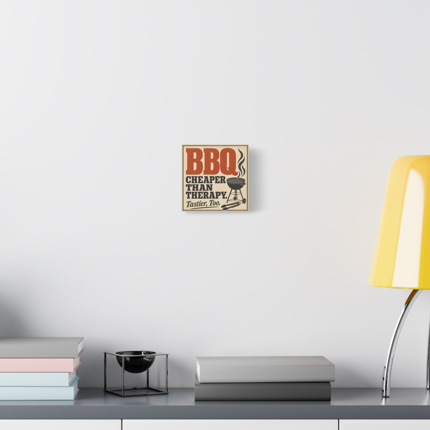 "BBQ Cheaper Than Therapy. Tastier, Too." Canvas Wall Art - Vintage Grill Quote Kitchen Decor - Rustic Typography Print, Farmhouse Barbecue Sign - Modern Farmhouse Style - Living Room Wall Decor
