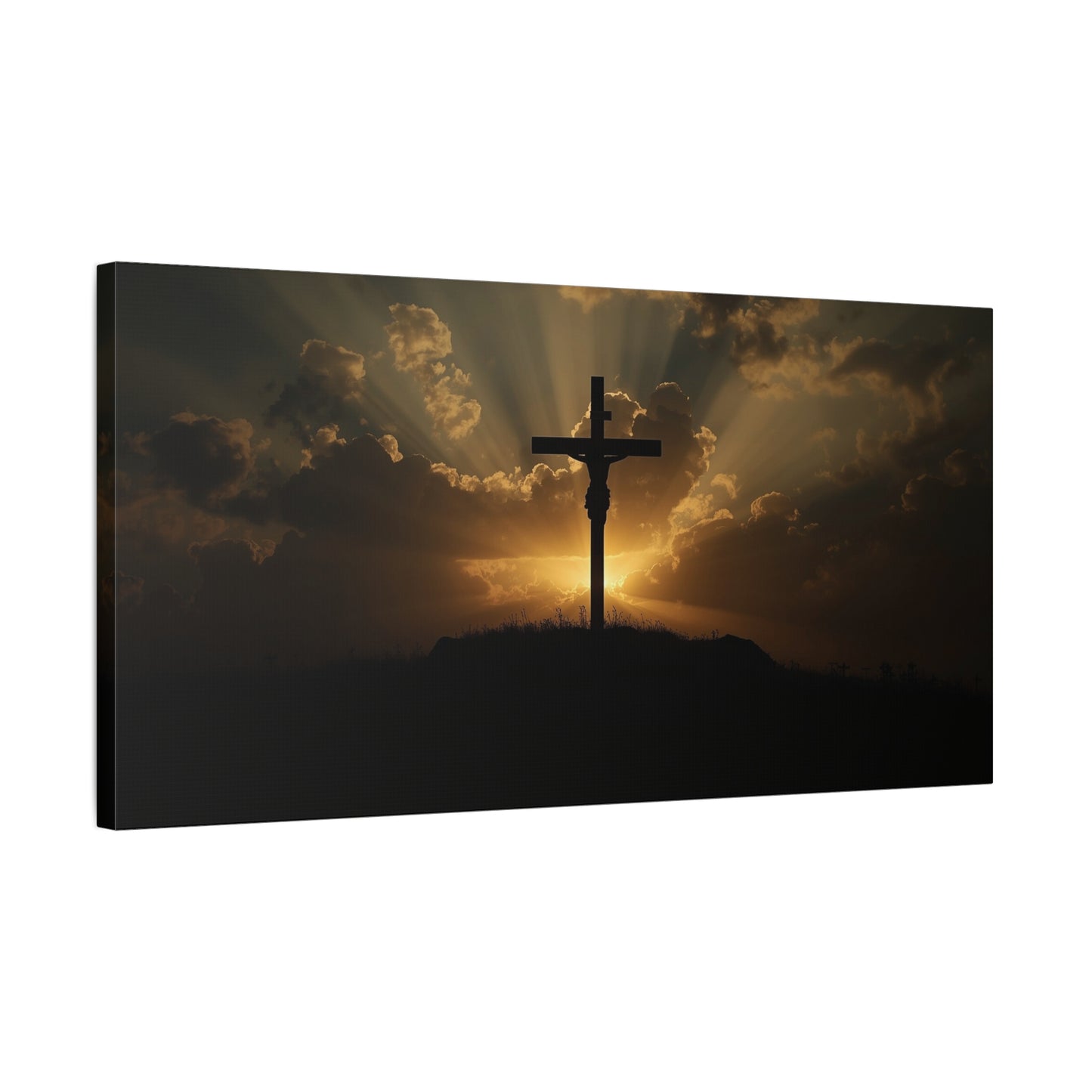 Jesus Christ Crucifix Canvas Wall Art - Sunset Cross Silhouette, Golden Sky Rays - Matte Cotton Print - Religious Christian Decor For Living Room, Bedroom, Office Wall Display - Modern Farmhouse Style