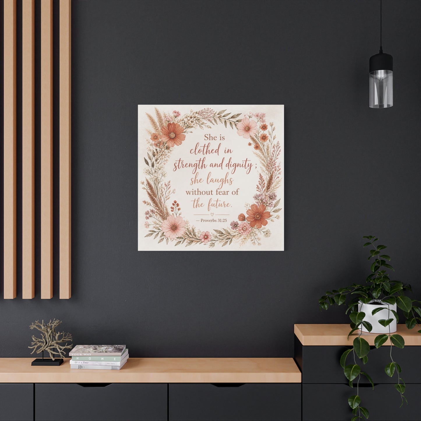 "She Is Clothed In Strength And Dignity" Floral Canvas Wall Art - Proverbs 31:25 Scripture Quote, Blush Wildflower Wreath, Farmhouse Style, Bedroom Wall Decor - Bedroom Home Decoration - Ready to Hang