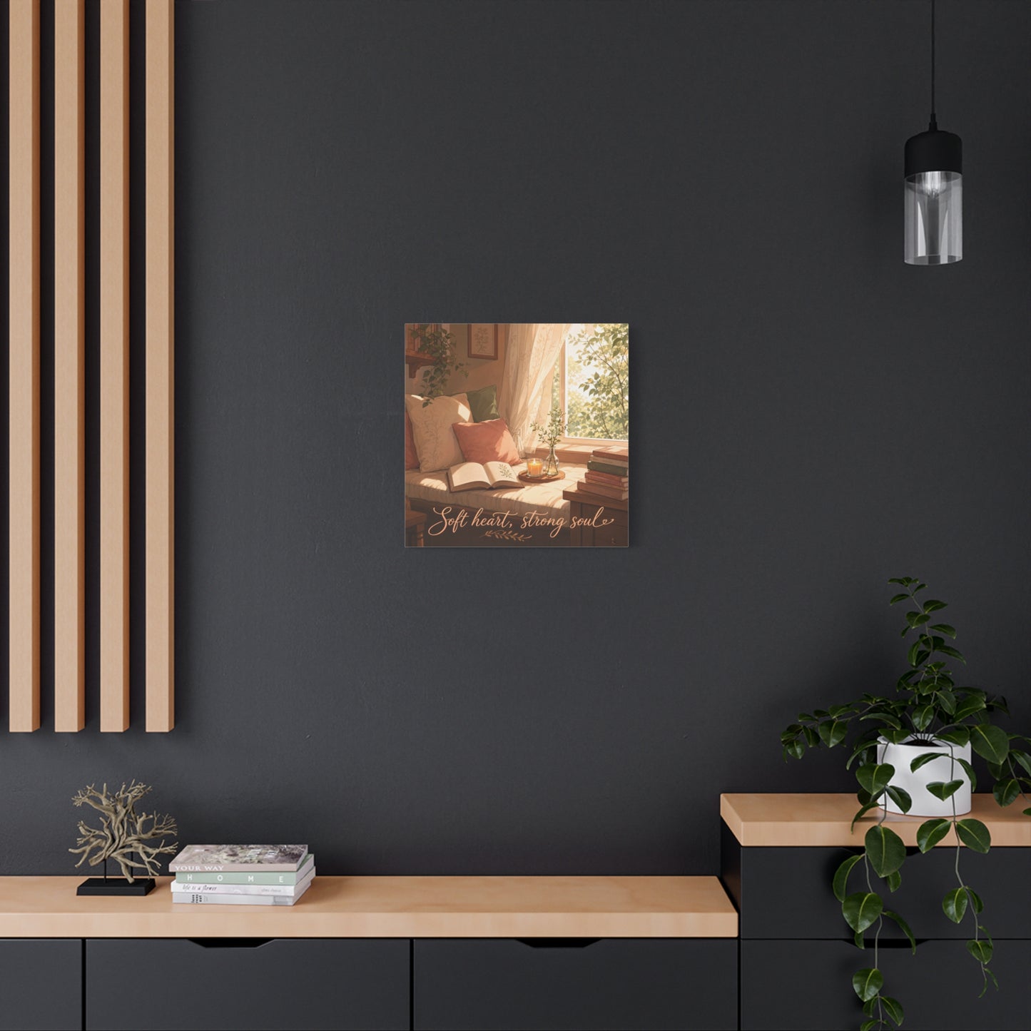 "Soft Heart, Strong Soul" Reading Nook Canvas Wall Art - Sunlit Window Seat, Books, Candle, Botanical Bedroom Decor - Cozy Cottagecore Style - Living Room Wall Decor - Bedroom Home Decoration