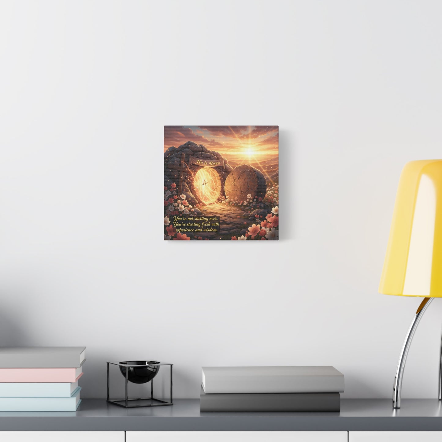 "He Is Risen" Christian Canvas Wall Art - Empty Tomb Cross Sunrise Scripture Print - Floral Faith Home Decoration - Modern Farmhouse Style