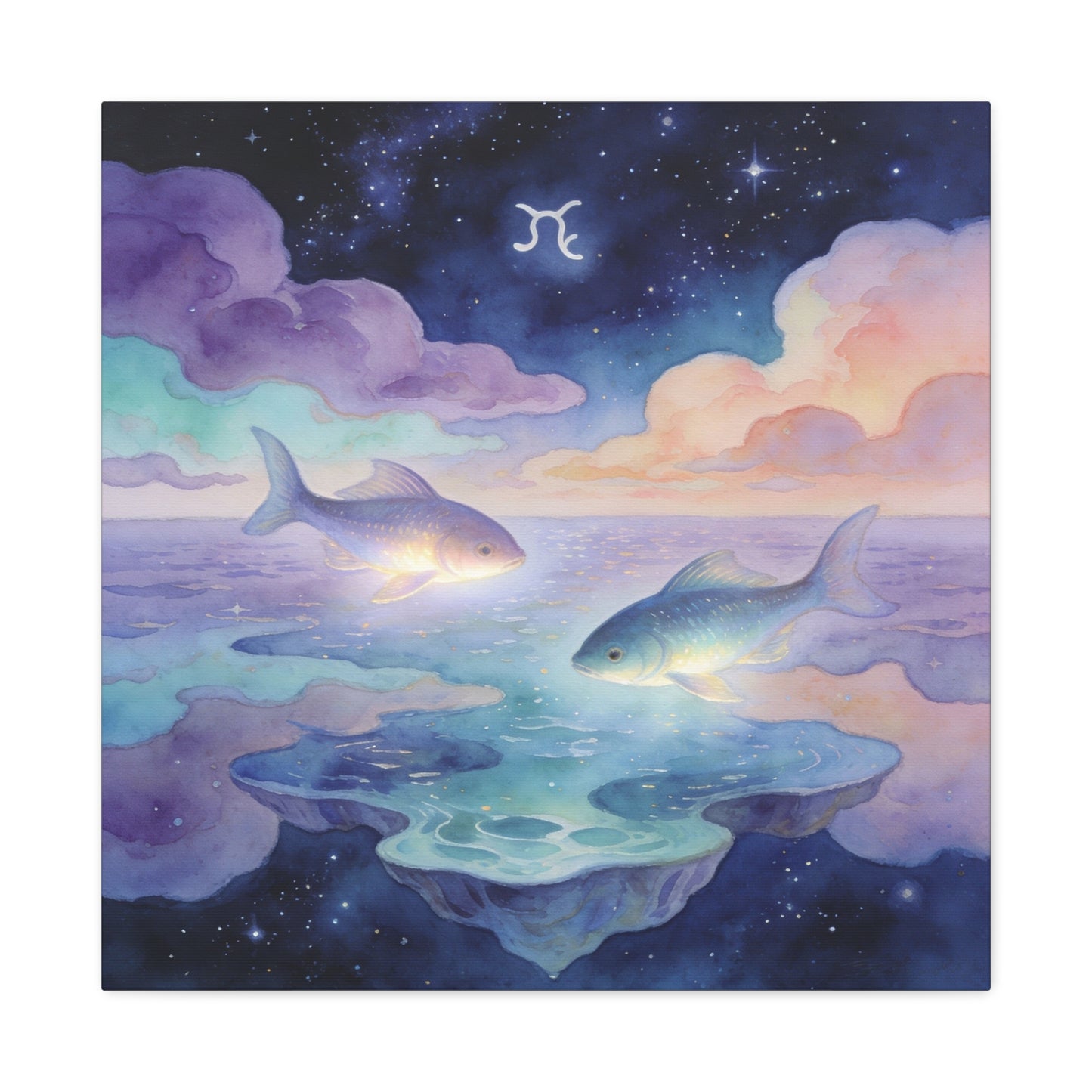 Pisces Zodiac Canvas Wall Art - Celestial Fish Over Dreamlike Sea, Watercolor Illustration - Mystical Night Sky, Matte Canvas Print - Bedroom Wall Decor, Meditation Space Accent - Ready to Hang