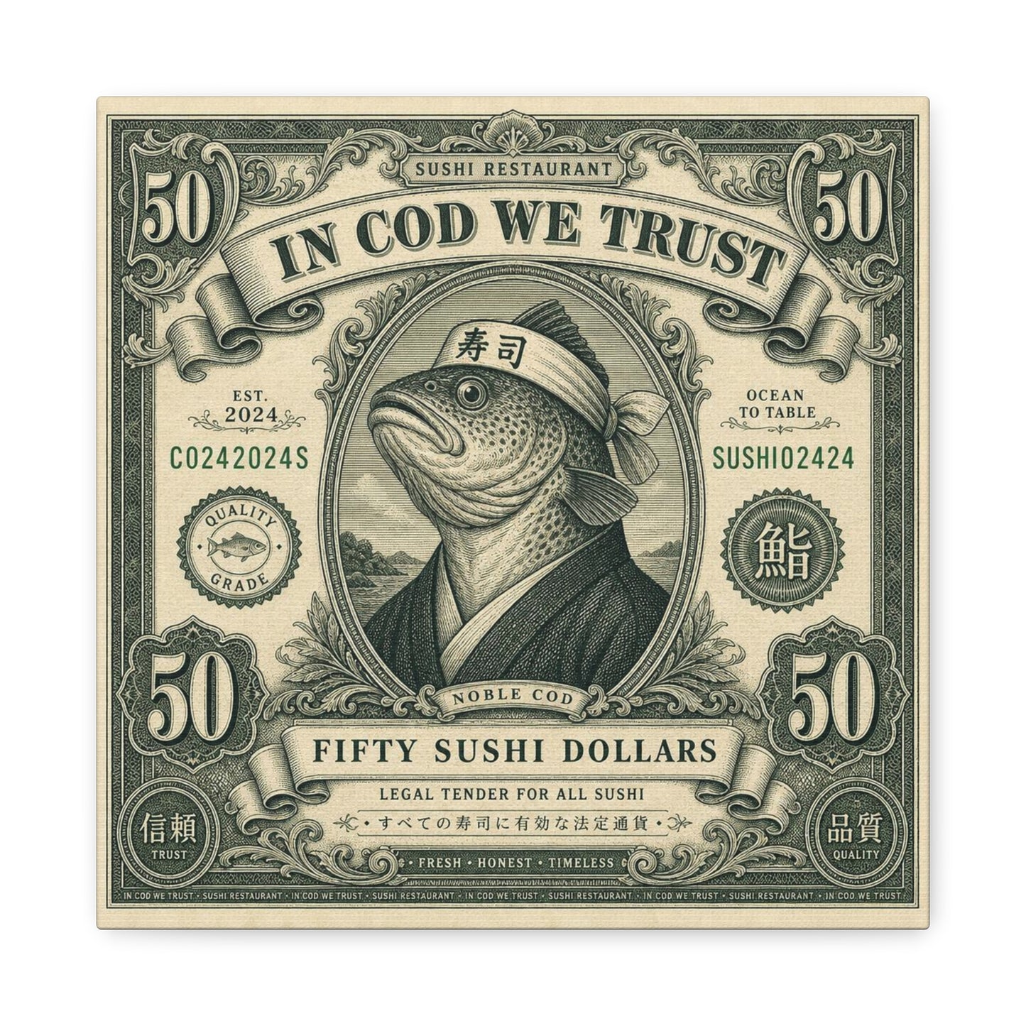 "In Cod We Trust" Sushi Restaurant Canvas Wall Art - Vintage Money Bill Fish Illustration, Typography Poster Style, Cotton Canvas Print, Cafe Decor, Dining Room Accent, Office Art - Ready to Hang
