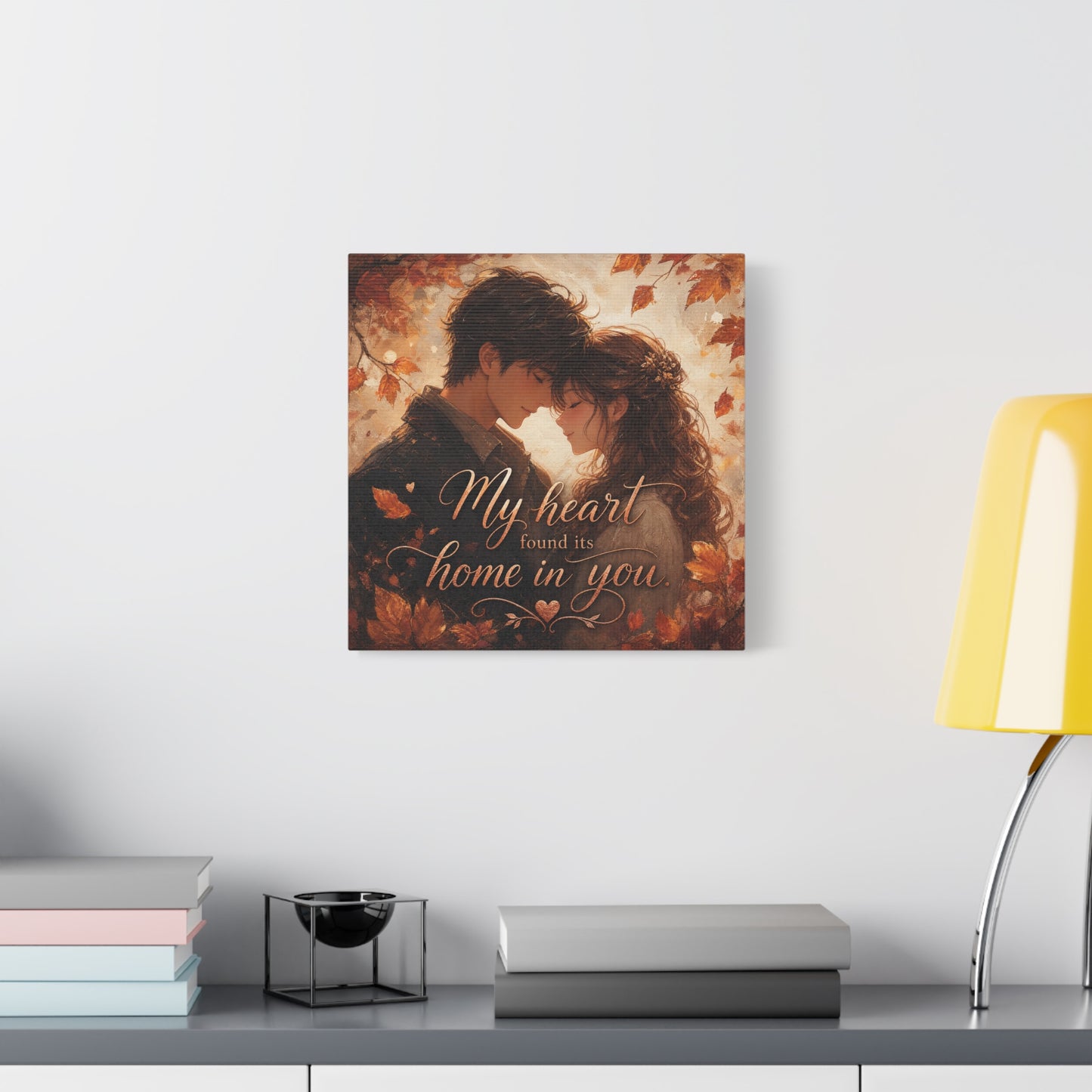 "My Heart Found Its Home In You" Romantic Couple Canvas Wall Art - Autumn Leaves Love Quote Print, Warm Rustic Traditional Style - Bedroom Wall Decor - Ready to Hang - Bedroom Home Decoration