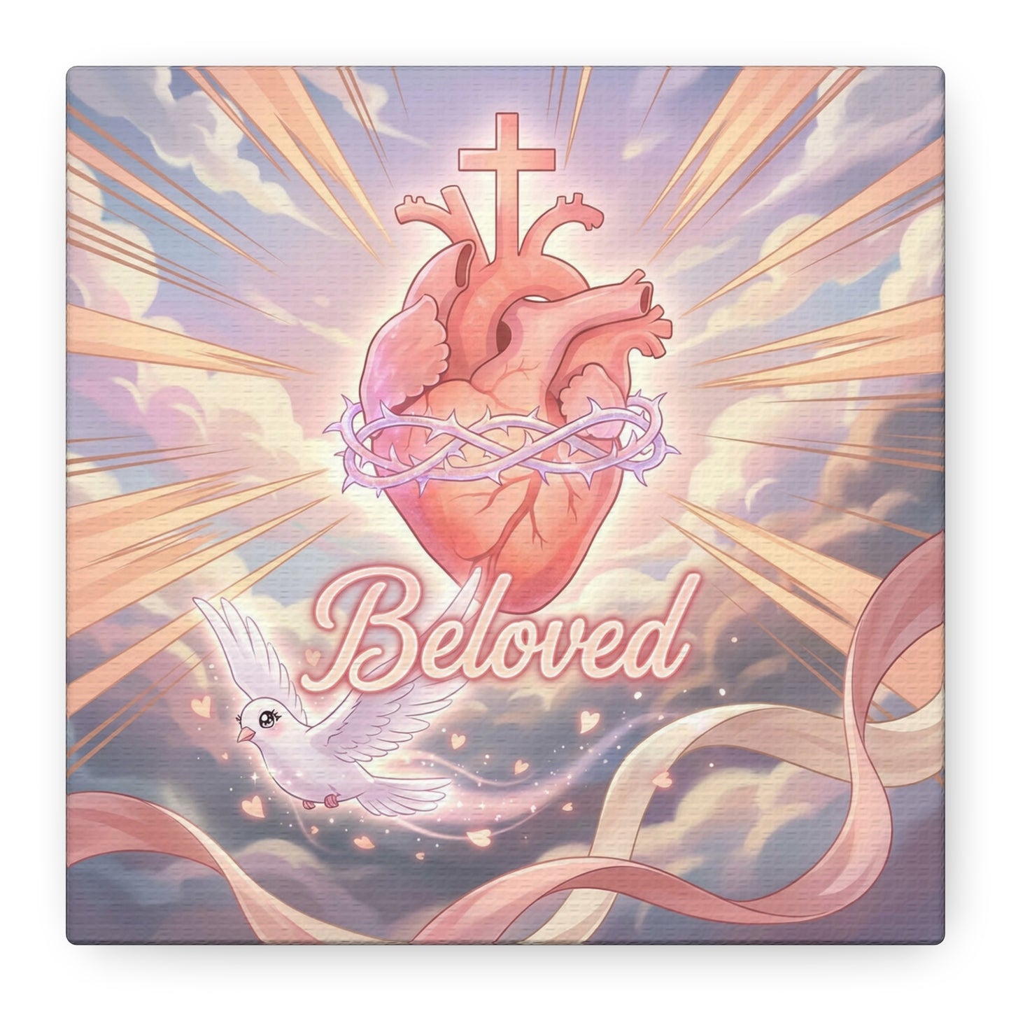 "Beloved" Sacred Heart Canvas Wall Art - Cross, Dove, Crown Of Thorns Christian Decor - Pink Pastel Religious Print - Inspirational Bedroom Home Decoration, Living Room Wall Decor - Ready to Hang