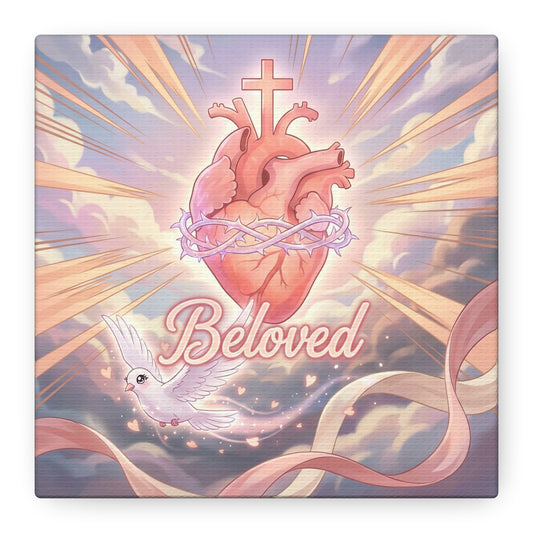 "Beloved" Sacred Heart Canvas Wall Art - Cross, Dove, Crown Of Thorns Christian Decor - Pink Pastel Religious Print - Inspirational Bedroom Home Decoration, Living Room Wall Decor - Ready to Hang