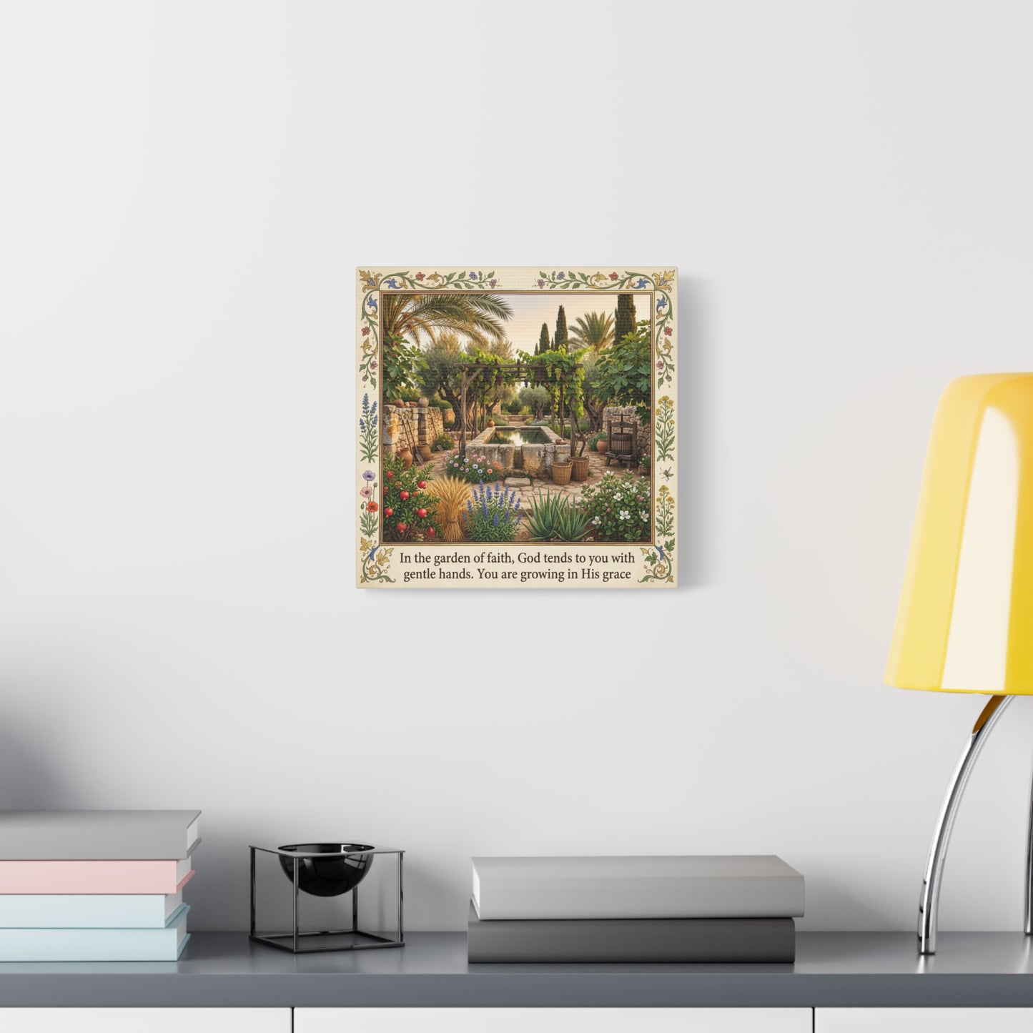 "In The Garden Of Faith, God Tends To You" Canvas Wall Art - Biblical Garden Scripture Print, Floral Border, Rustic Mediterranean Courtyard Scene - Christian Home Decor For Living Room - Ready to Hang