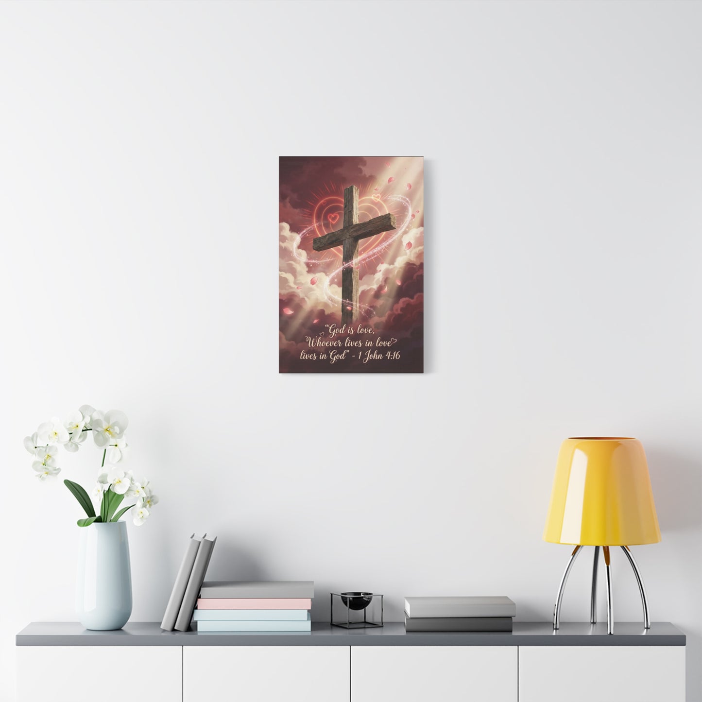 "God Is Love, Whoever Lives In Love Lives In God" Cross Canvas Wall Art - 1 John 4:16 Scripture Print, Romantic Christian Decor, Traditional Bedroom Wall Decor - Bedroom Home Decoration
